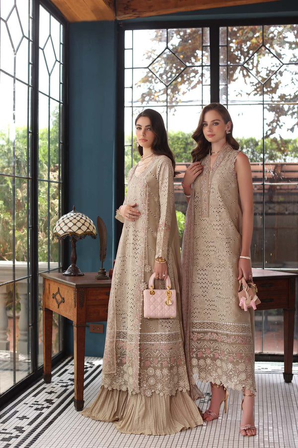 Noor by Saadia Asad | Eid Luxury Schiffli Laserkari 25 | D1- Beige - by - Libasekhas UK - Registered Vendor of : Noor by Saadia Asad - 100% Original Designer Dresss