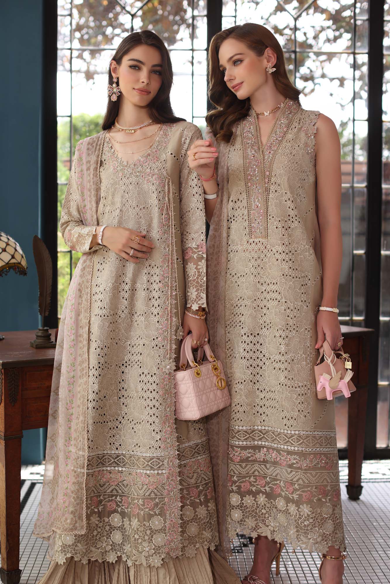 Noor by Saadia Asad | Eid Luxury Schiffli Laserkari 25 | D1- Beige - by - Libasekhas UK - Registered Vendor of : Noor by Saadia Asad - 100% Original Designer Dresss