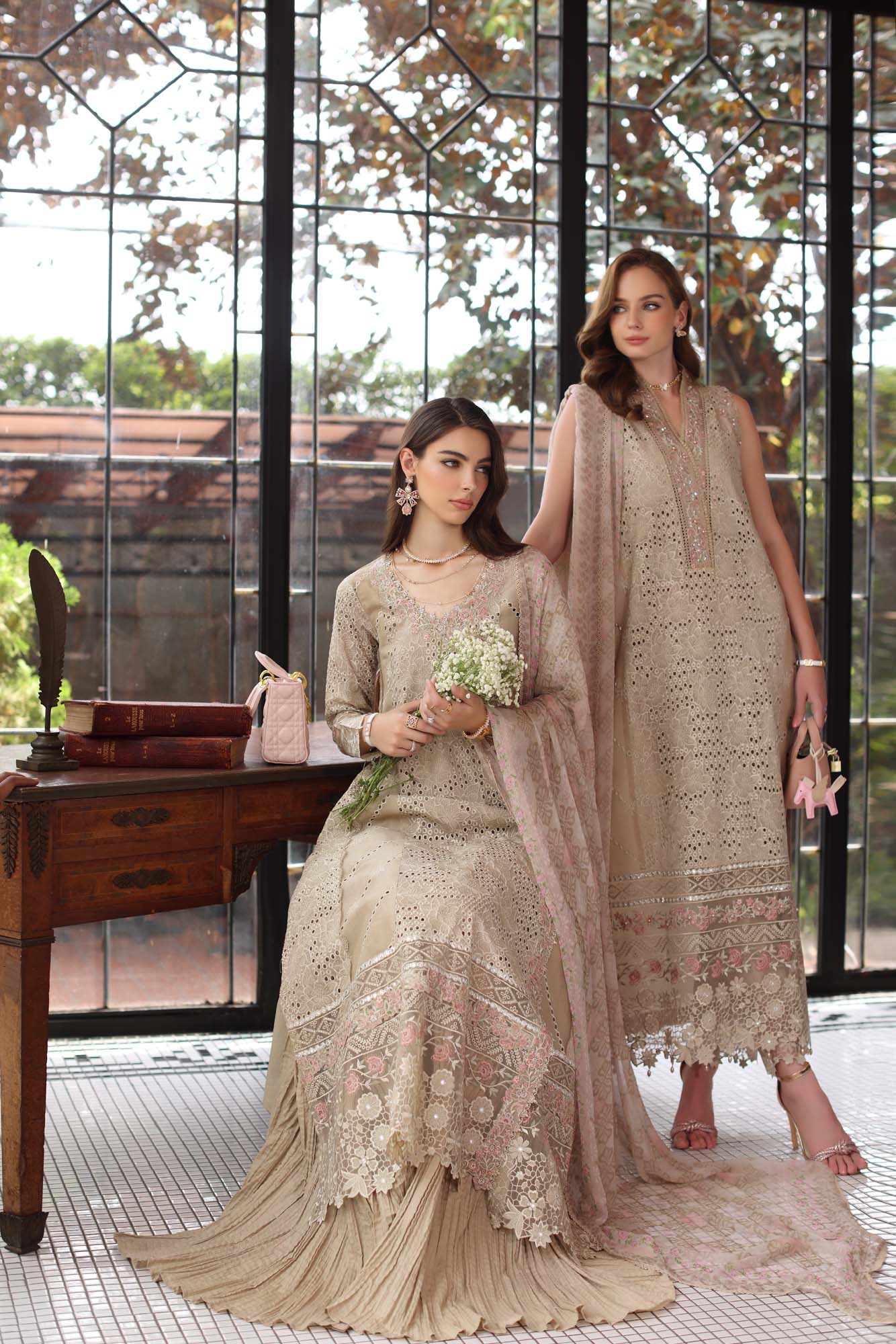 Noor by Saadia Asad | Eid Luxury Schiffli Laserkari 25 | D1- Beige - by - Libasekhas UK - Registered Vendor of : Noor by Saadia Asad - 100% Original Designer Dresss