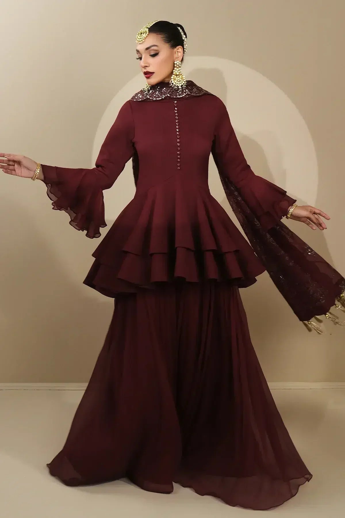 Alizeh | Formals Collection | Maroon Peplum 3 piece - RTW1014 - by - Libasekhas UK - Registered Vendor of : Alizeh - 100% Original Designer Dresss