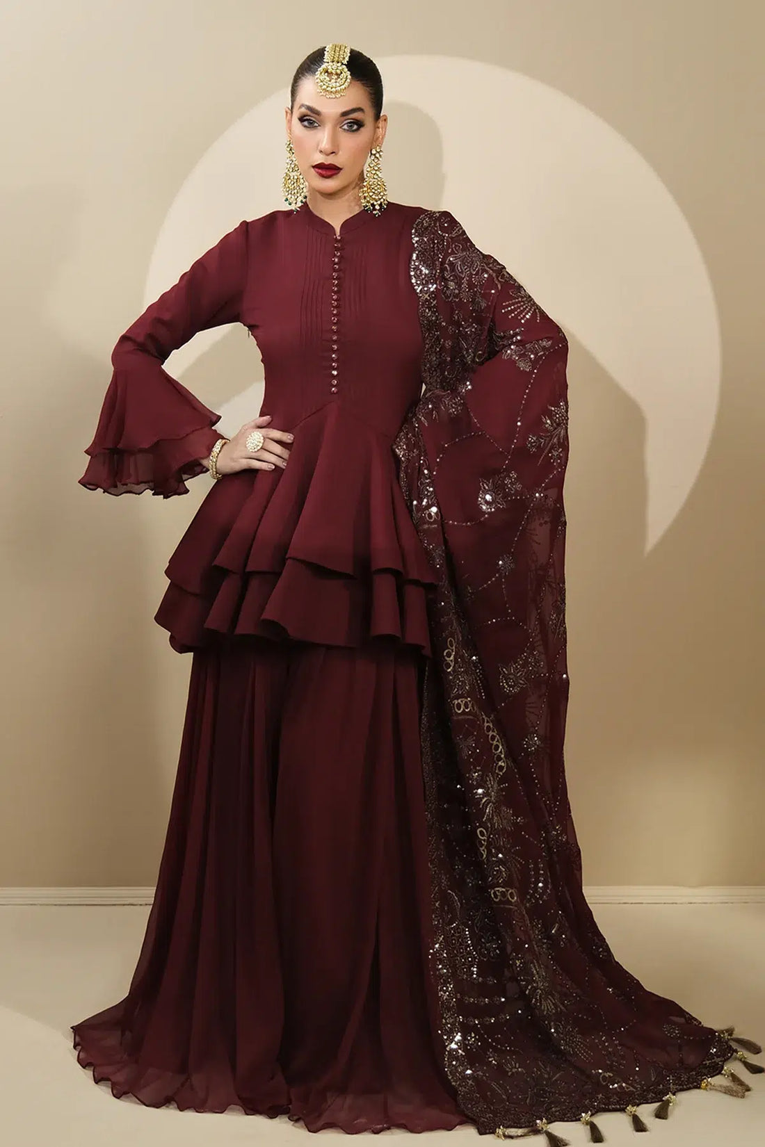 Alizeh | Formals Collection | Maroon Peplum 3 piece - RTW1014 - by - Libasekhas UK - Registered Vendor of : Alizeh - 100% Original Designer Dresss