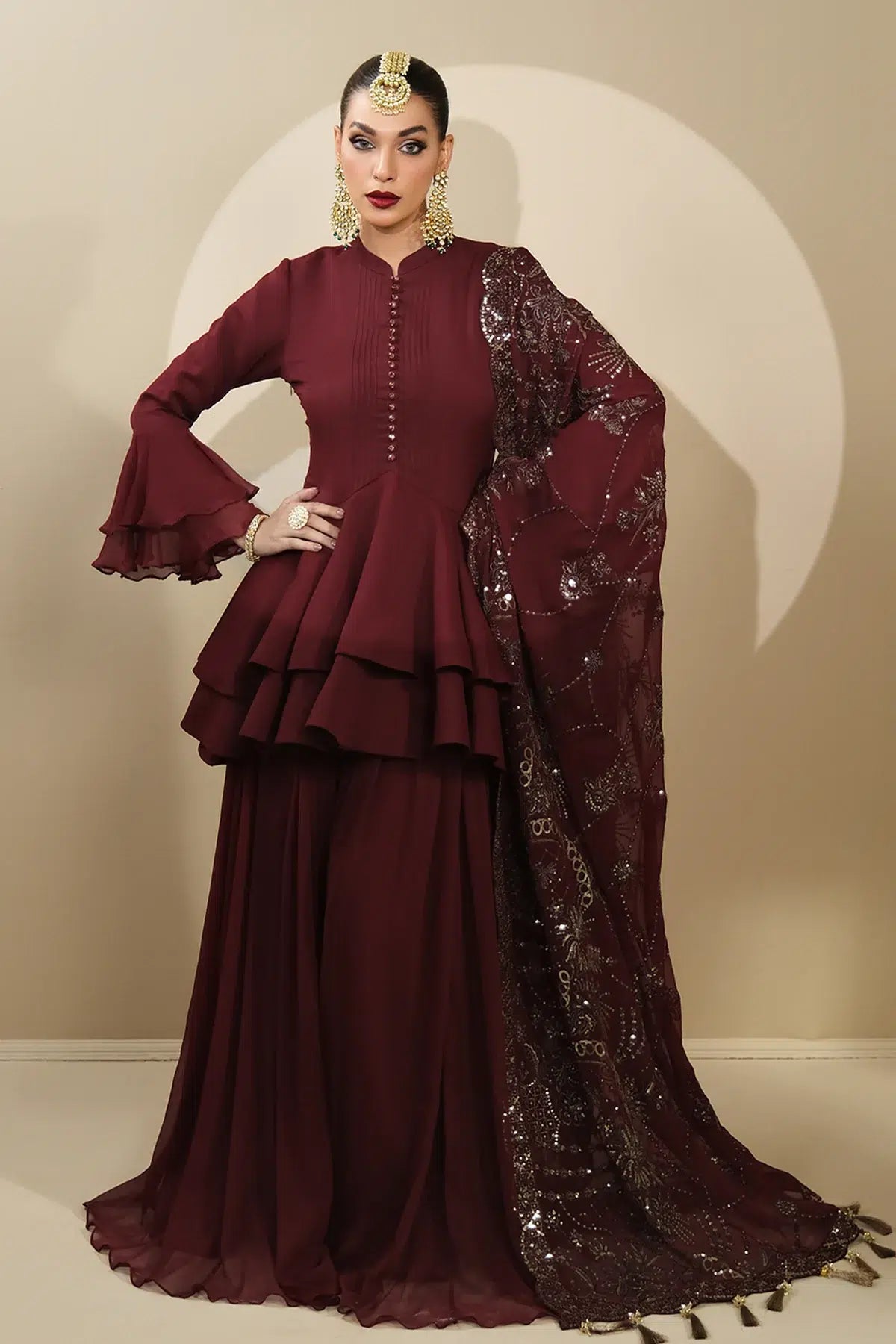 Alizeh | Formals Collection | Maroon Peplum 3 piece - RTW1014 - by - Libasekhas UK - Registered Vendor of : Alizeh - 100% Original Designer Dresss