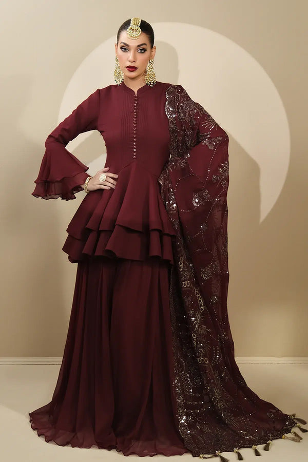 Alizeh | Formals Collection | Maroon Peplum 3 piece - RTW1014 - by - Libasekhas UK - Registered Vendor of : Alizeh - 100% Original Designer Dresss