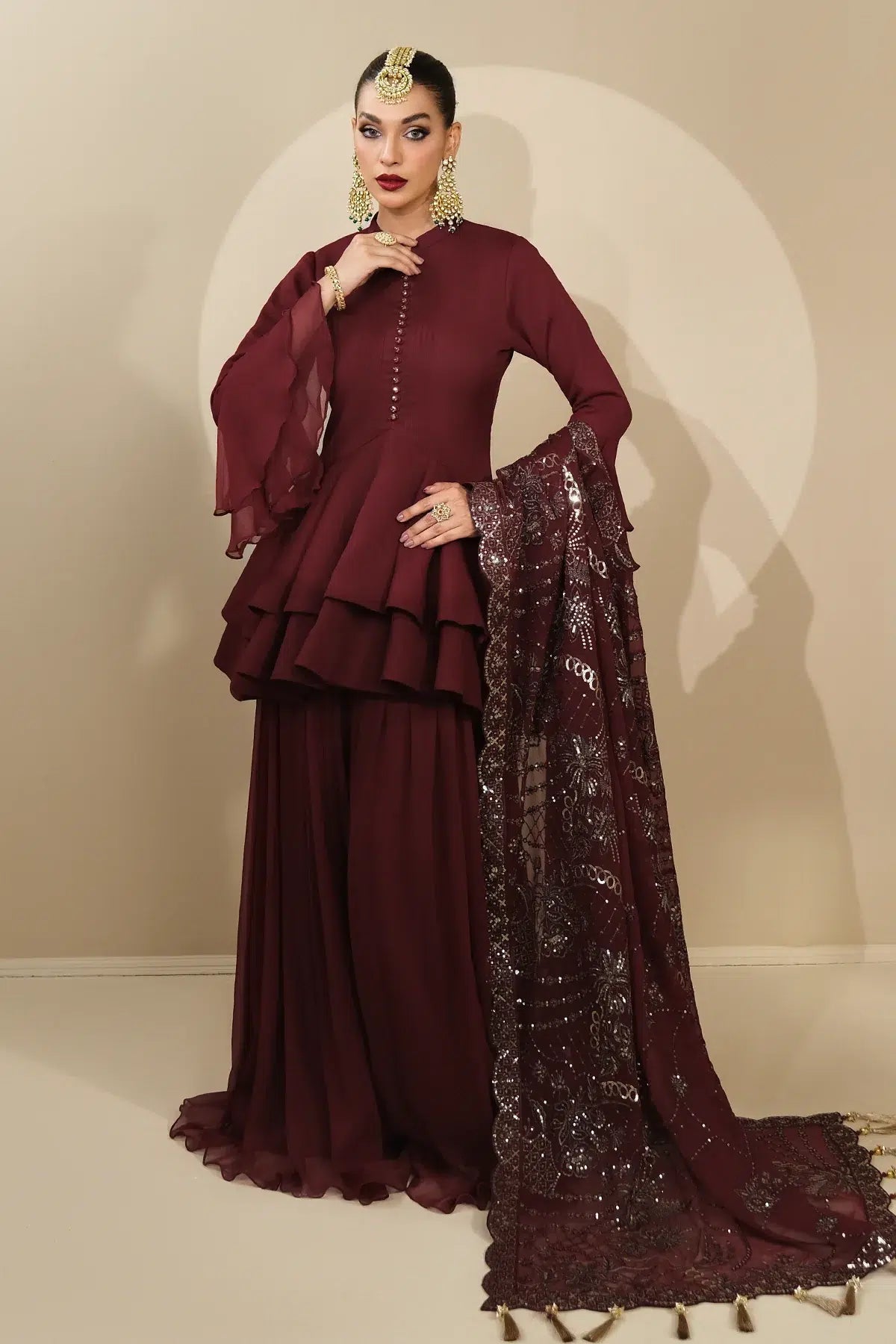 Alizeh | Formals Collection | Maroon Peplum 3 piece - RTW1014 - by - Libasekhas UK - Registered Vendor of : Alizeh - 100% Original Designer Dresss