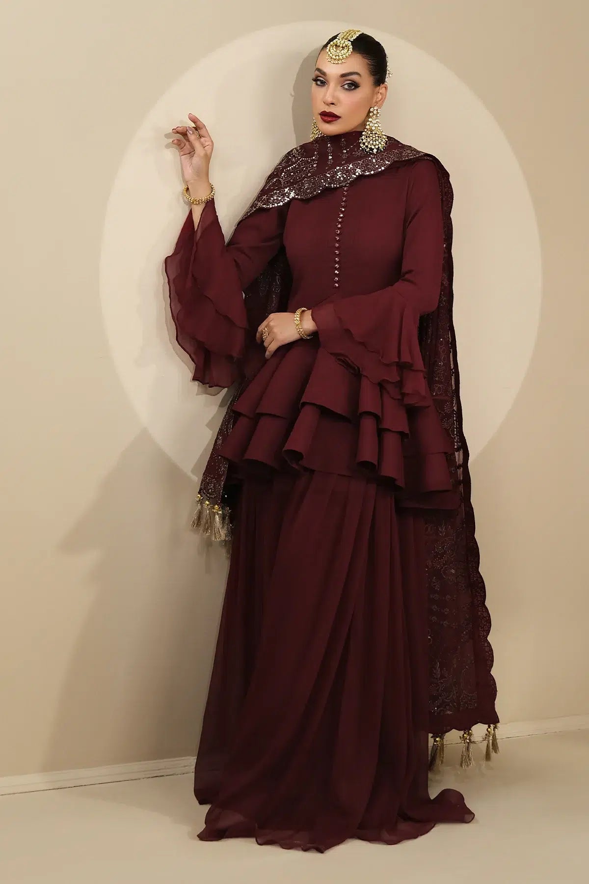 Alizeh | Formals Collection | Maroon Peplum 3 piece - RTW1014 - by - Libasekhas UK - Registered Vendor of : Alizeh - 100% Original Designer Dresss