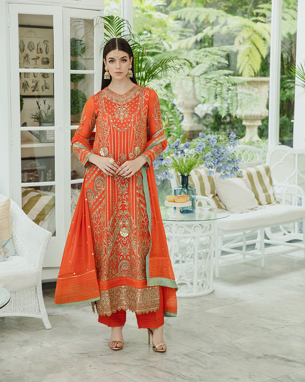 Maryum n Maria | Freesia Ariya Formals | SW23-509 - Tiger Orange - Mina - by - Libasekhas UK - Registered Vendor of : Maryam N Maria - 100% Original Designer Dresss