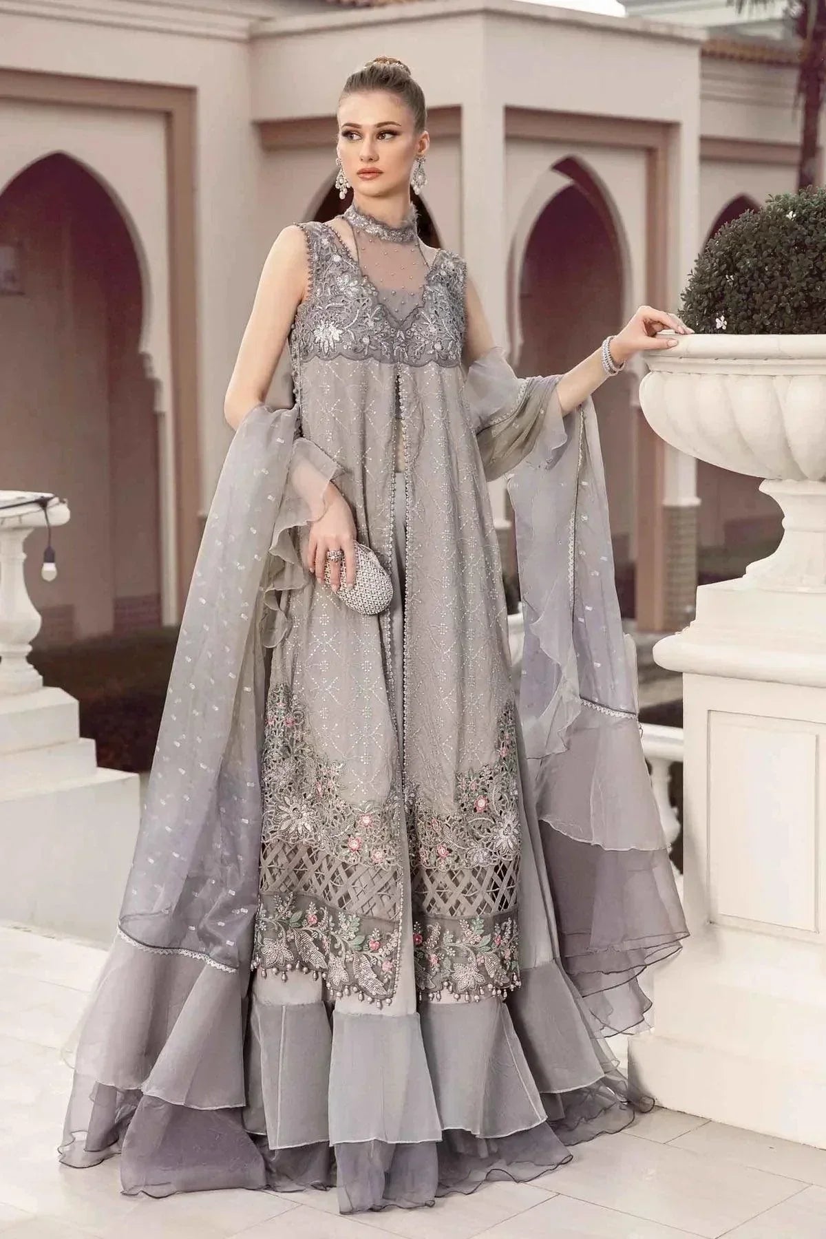 Maria B | Sateen Formals 23 | Grey CST-707 - by - Libasekhas UK - Registered Vendor of : Maria B - 100% Original Designer Dresss