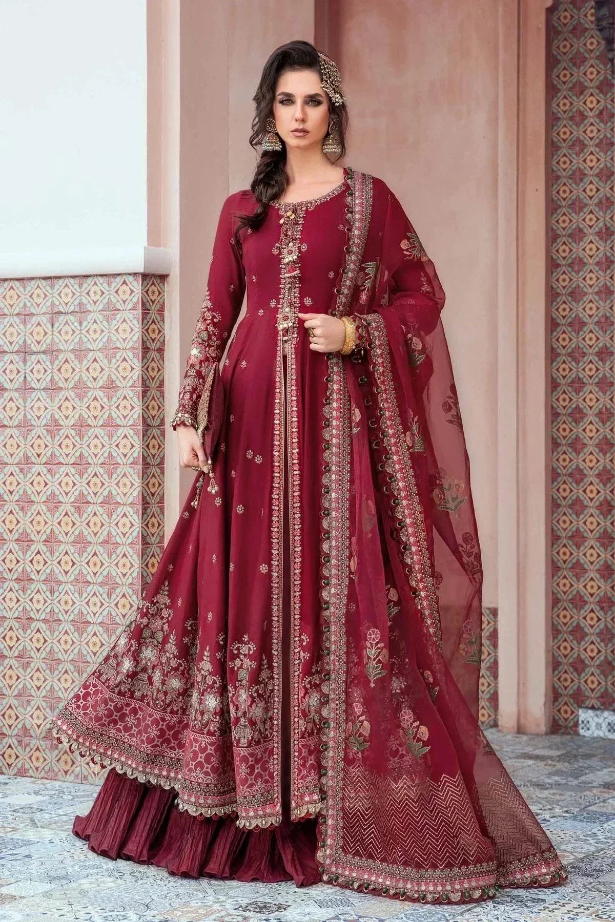 Maria B | Sateen Formals 23 | Maroon CST-708 - by - Libasekhas UK - Registered Vendor of : Maria B - 100% Original Designer Dresss