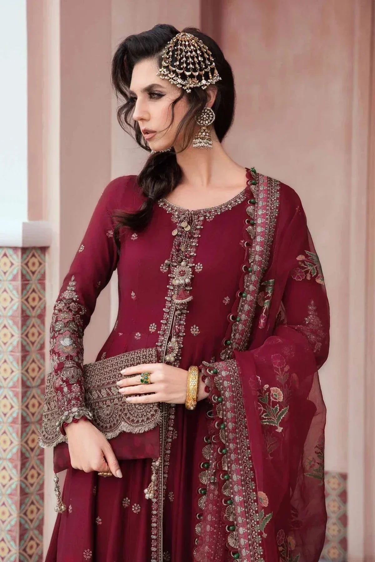 Maria B | Sateen Formals 23 | Maroon CST-708 - by - Libasekhas UK - Registered Vendor of : Maria B - 100% Original Designer Dresss