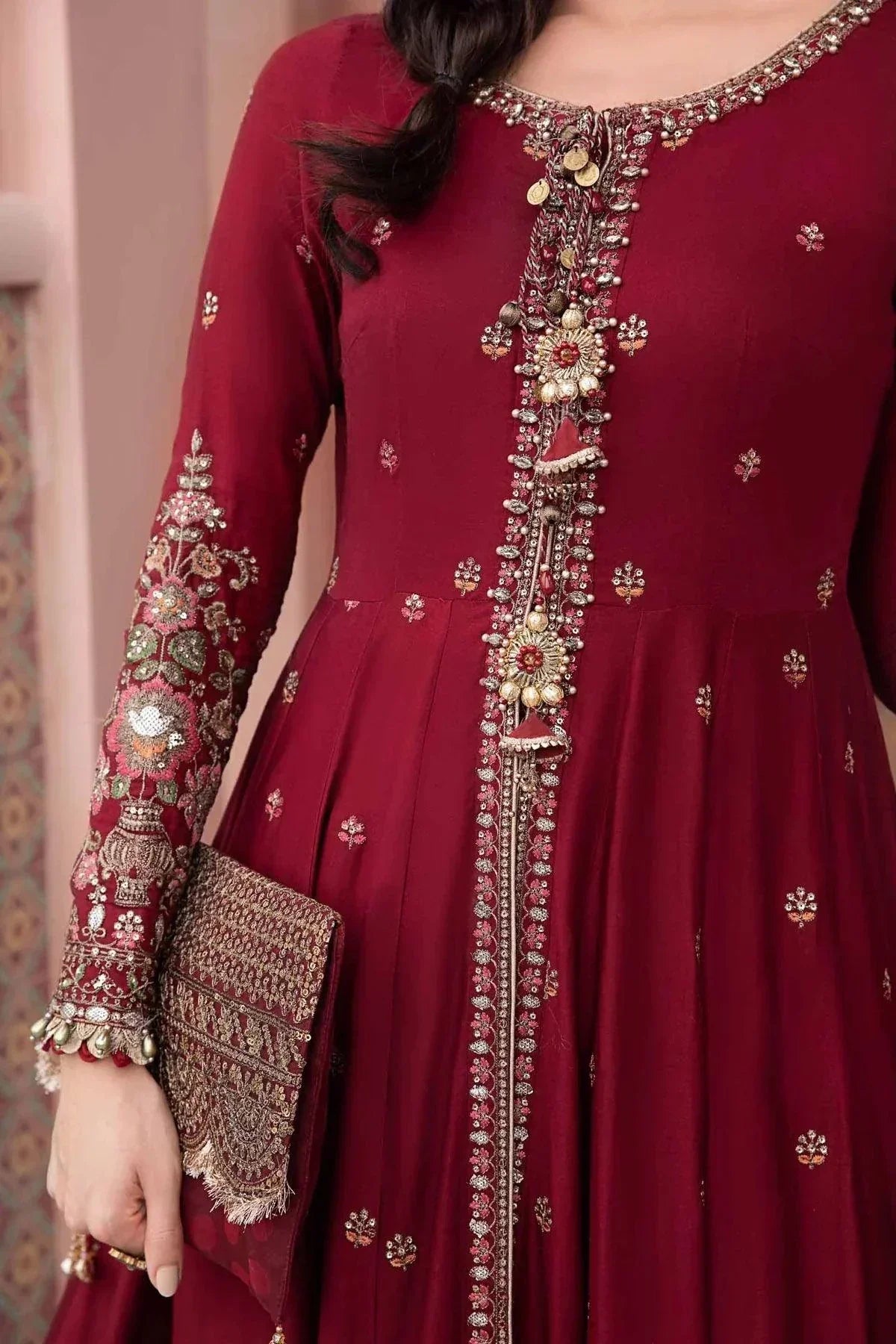 Maria B | Sateen Formals 23 | Maroon CST-708 - by - Libasekhas UK - Registered Vendor of : Maria B - 100% Original Designer Dresss
