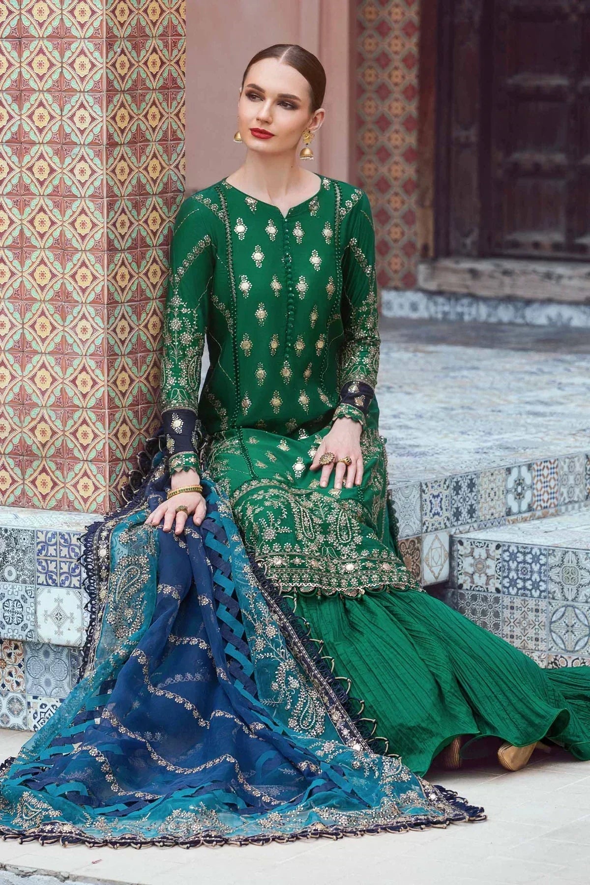Maria B | Sateen Formals 23 | Emerald Green CST-711 - by - Libasekhas UK - Registered Vendor of : Maria B - 100% Original Designer Dresss