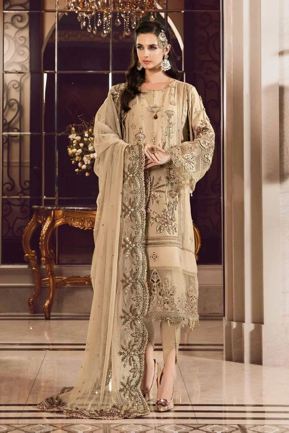 Maria B | Sateen Formals 23 | Beige CST-712 - by - Libasekhas UK - Registered Vendor of : Maria B - 100% Original Designer Dresss