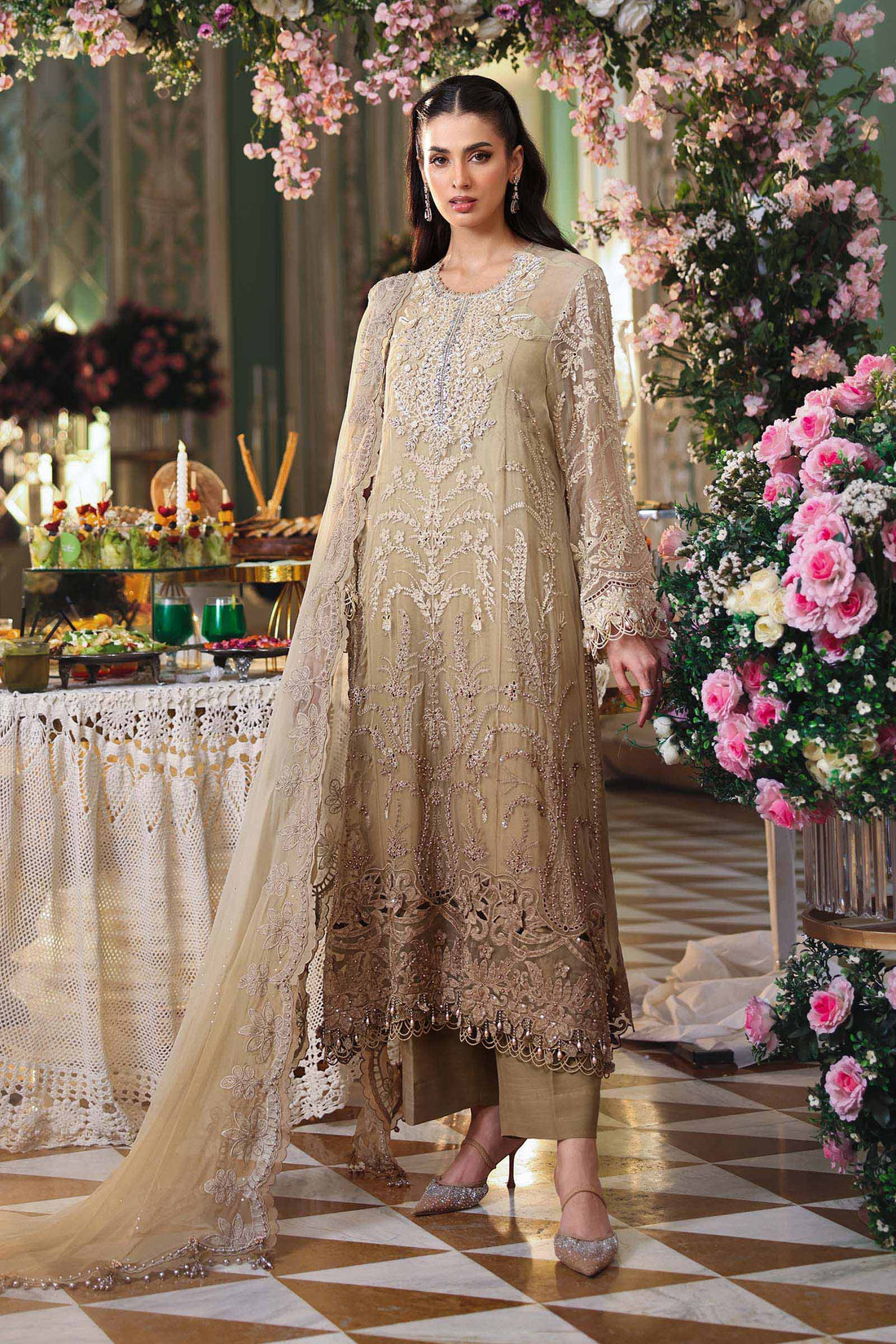 Maria b | Chiffon Formals 26 | MPC-26-103-Olive Gold - by Libasekhas UK - Registered Vendor of : Maria B - 100% Original Designer Dress