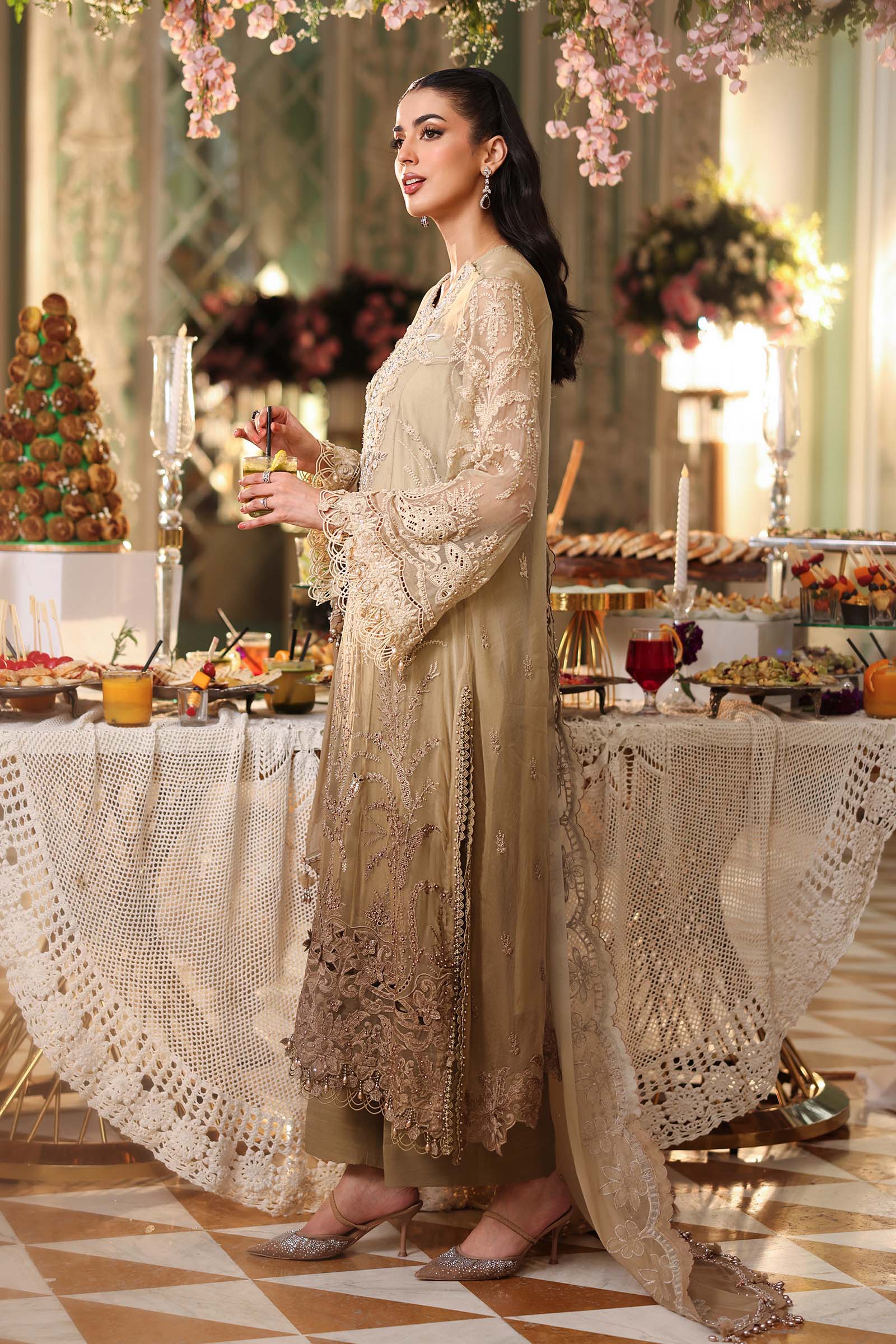 Maria b | Chiffon Formals 26 | MPC-26-103-Olive Gold - by Libasekhas UK - Registered Vendor of : Maria B - 100% Original Designer Dress