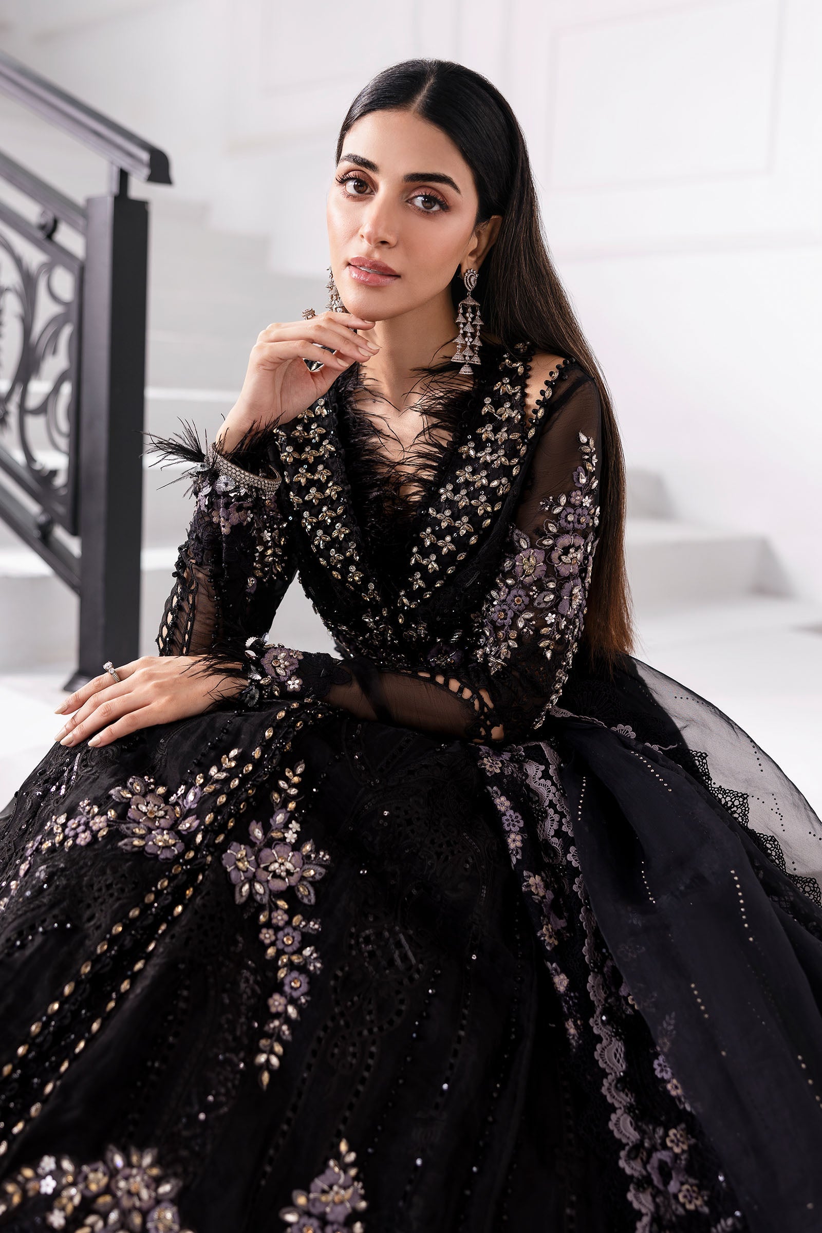 Maria B | Mbroidered 2025 | BD-3004 M / Black / Long Open Gown with Lehnga Maria B | Mbroidered 2025 | BD-3004 M / Black / Long Open Gown with Lehnga