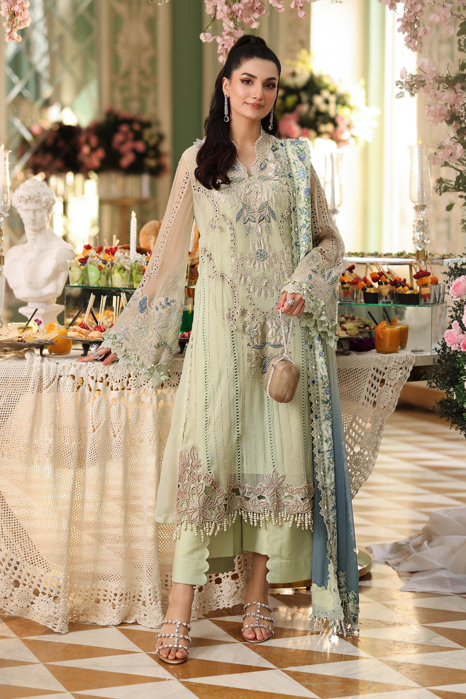 Maria b | Chiffon Formals 26 | MPC-26-105-Pistachio Green - by Libasekhas UK - Registered Vendor of : Maria B - 100% Original Designer Dress