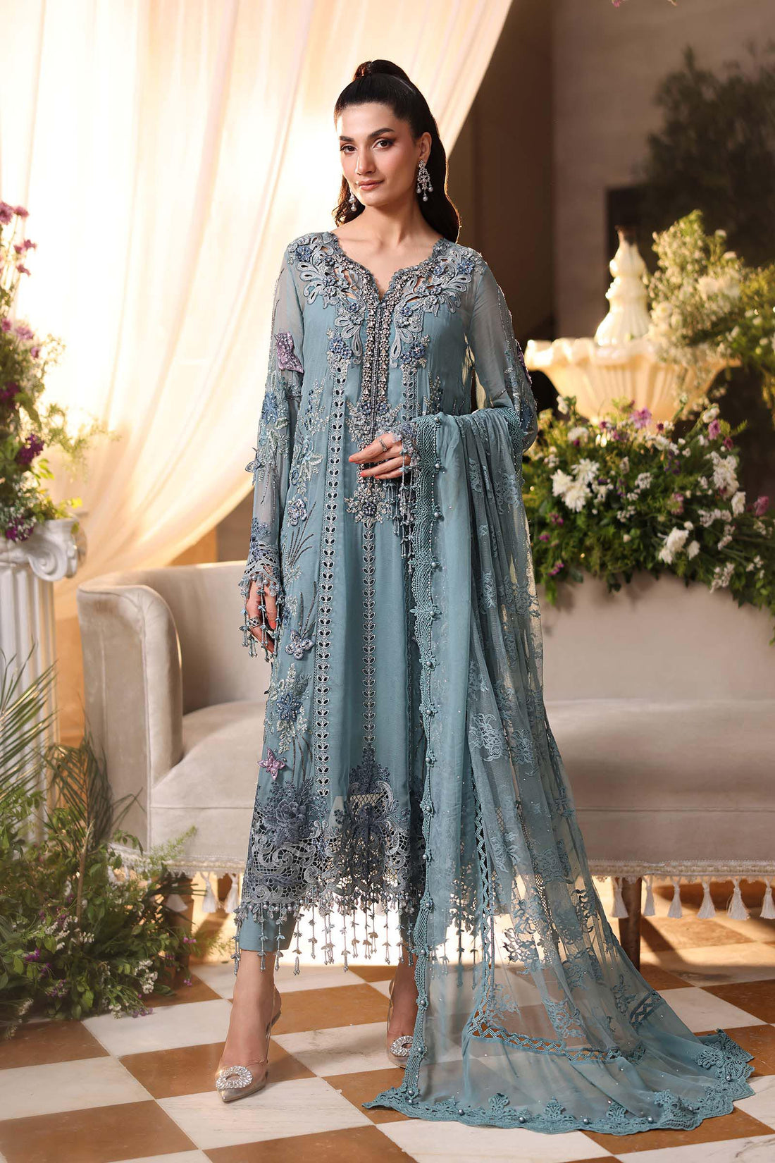 Maria b | Chiffon Formals 26 | MPC-26-106-Slate Blue - by Libasekhas UK - Registered Vendor of : Maria B - 100% Original Designer Dress