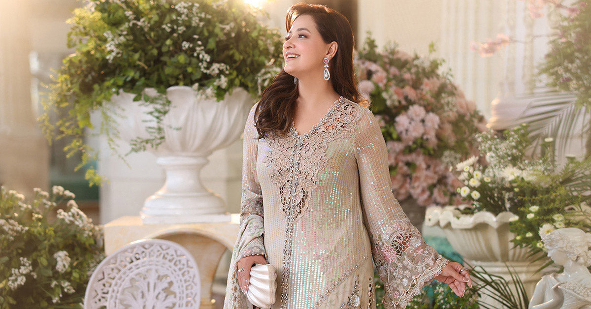 Maria b | Chiffon Formals 26 | MPC-26-107-Ivory Beige - by Libasekhas UK - Registered Vendor of : Maria B - 100% Original Designer Dress