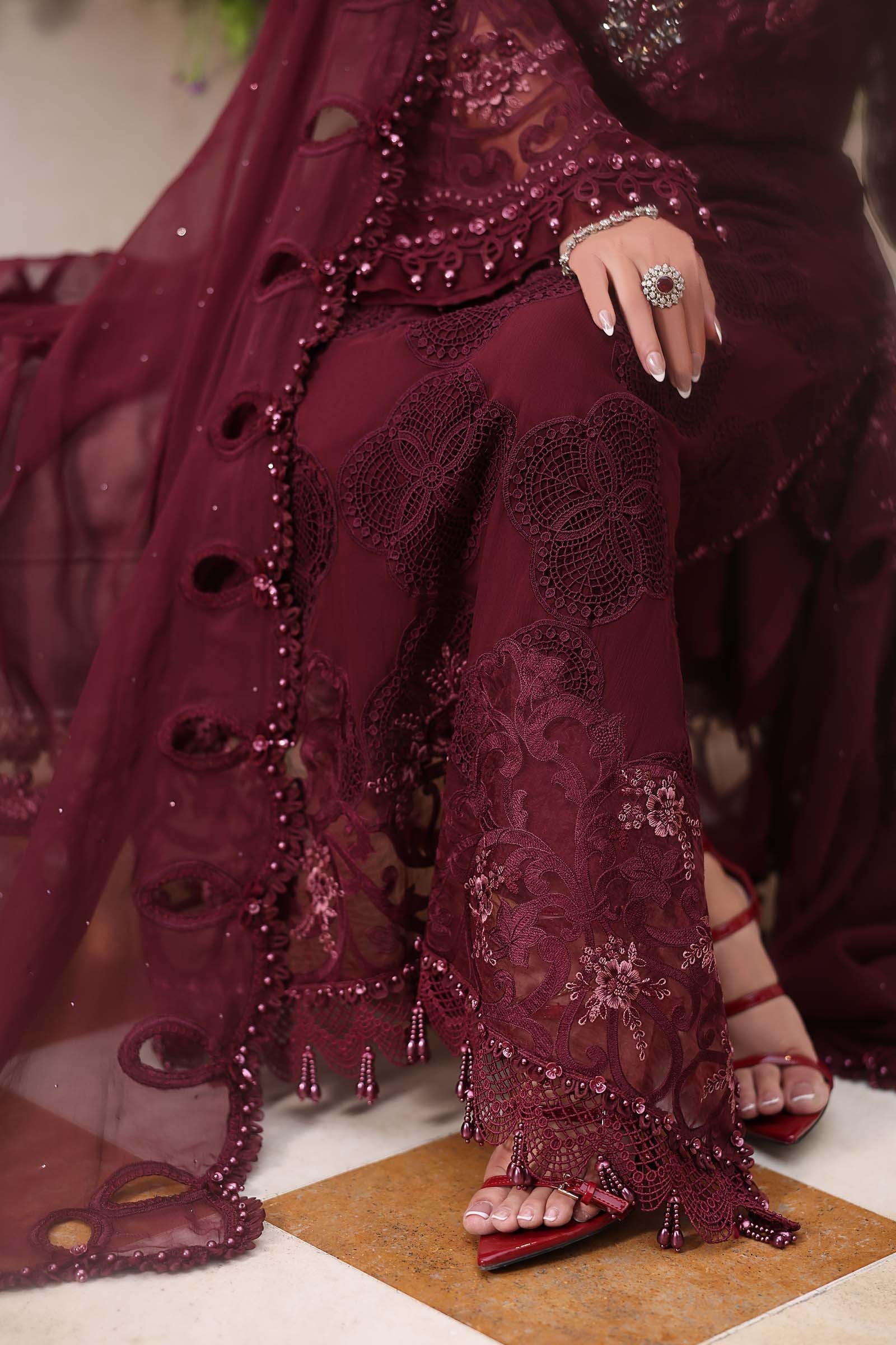 Maria b | Chiffon Formals 26 | MPC-26-108-Burgundy - by Libasekhas UK - Registered Vendor of : Maria B - 100% Original Designer Dress