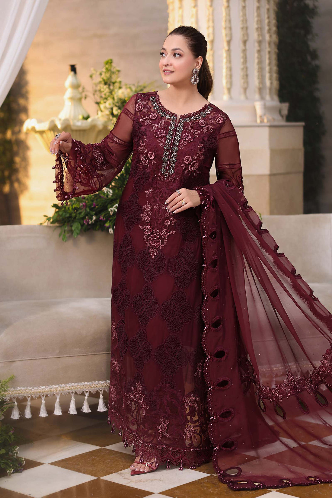 Maria b | Chiffon Formals 26 | MPC-26-108-Burgundy - by Libasekhas UK - Registered Vendor of : Maria B - 100% Original Designer Dress