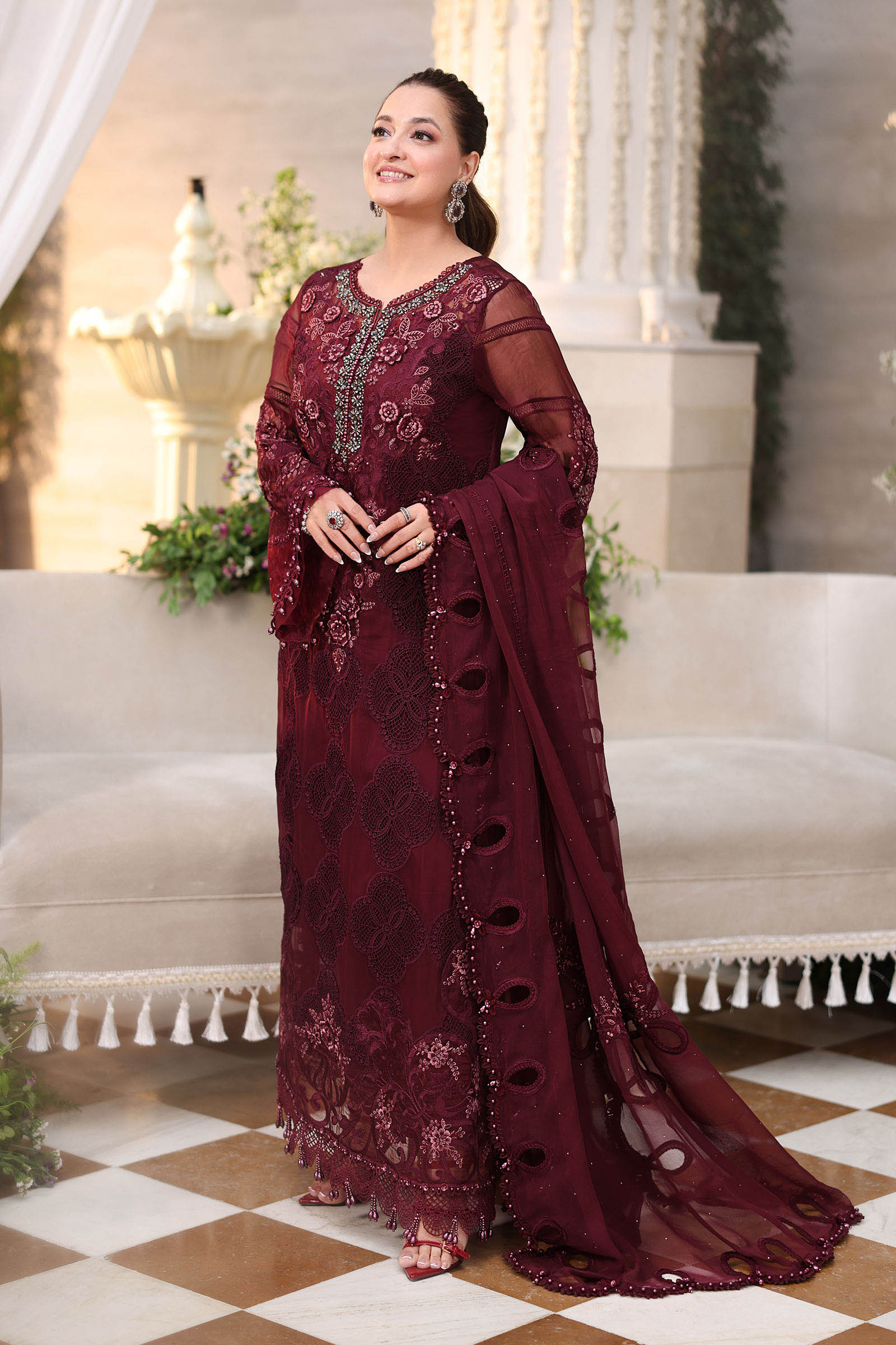 Maria b | Chiffon Formals 26 | MPC-26-108-Burgundy - by Libasekhas UK - Registered Vendor of : Maria B - 100% Original Designer Dress