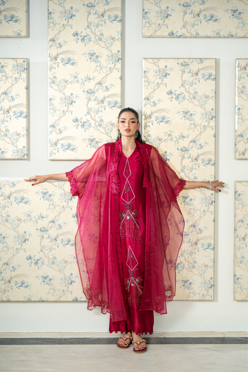 Wahaj M Khan | Lra Eid Collection 26 | Magenta Organza Cape Set - by Libasekhas UK - Registered Vendor of : Wahaj M Khan - 100% Original Designer Dress