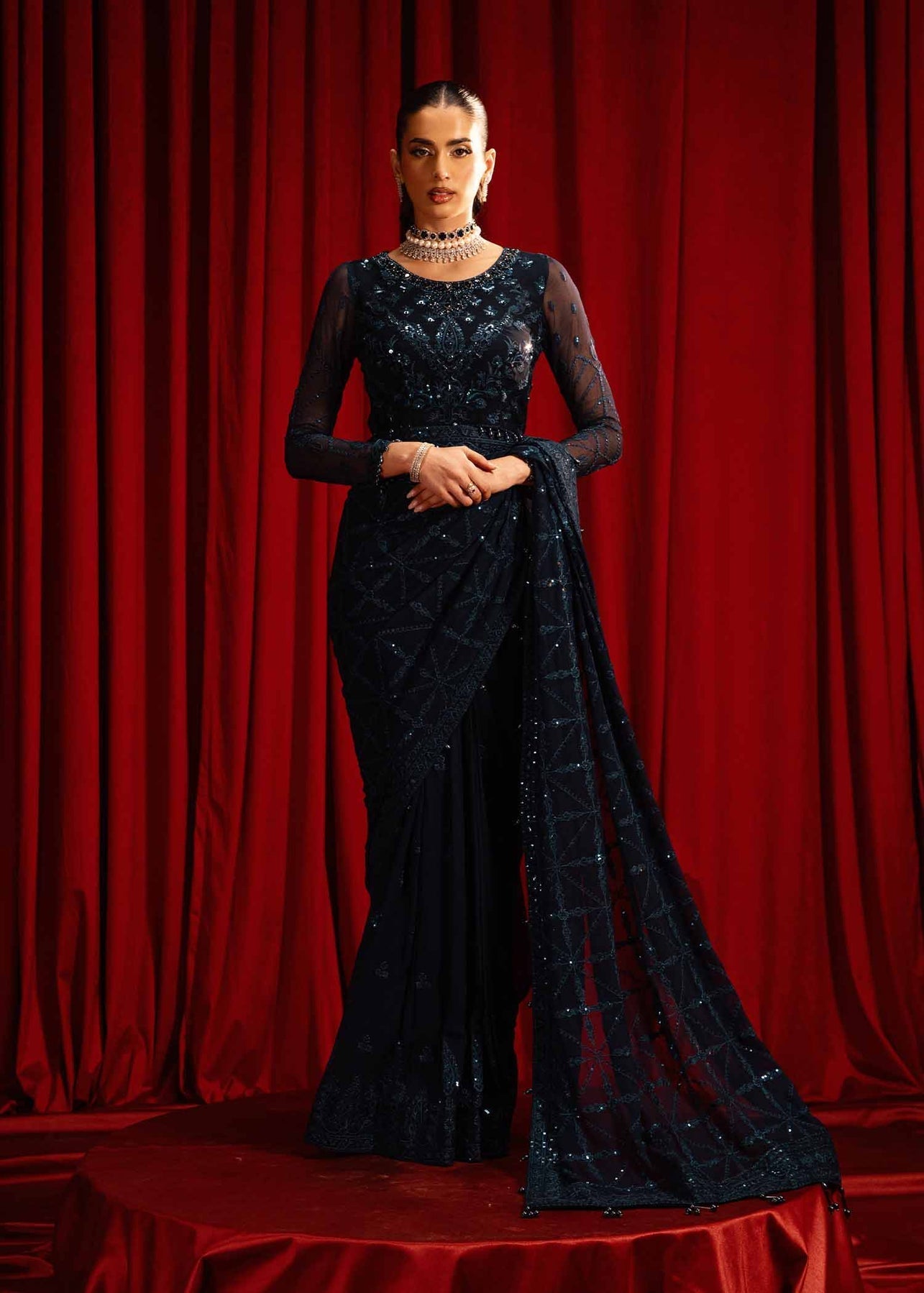 Paras by Pasha | Noor -e- Jahan Saree Collection | Neel-e-Noor - by - Libasekhas UK - Registered Vendor of : Paras by Pasha - 100% Original Designer Dresss