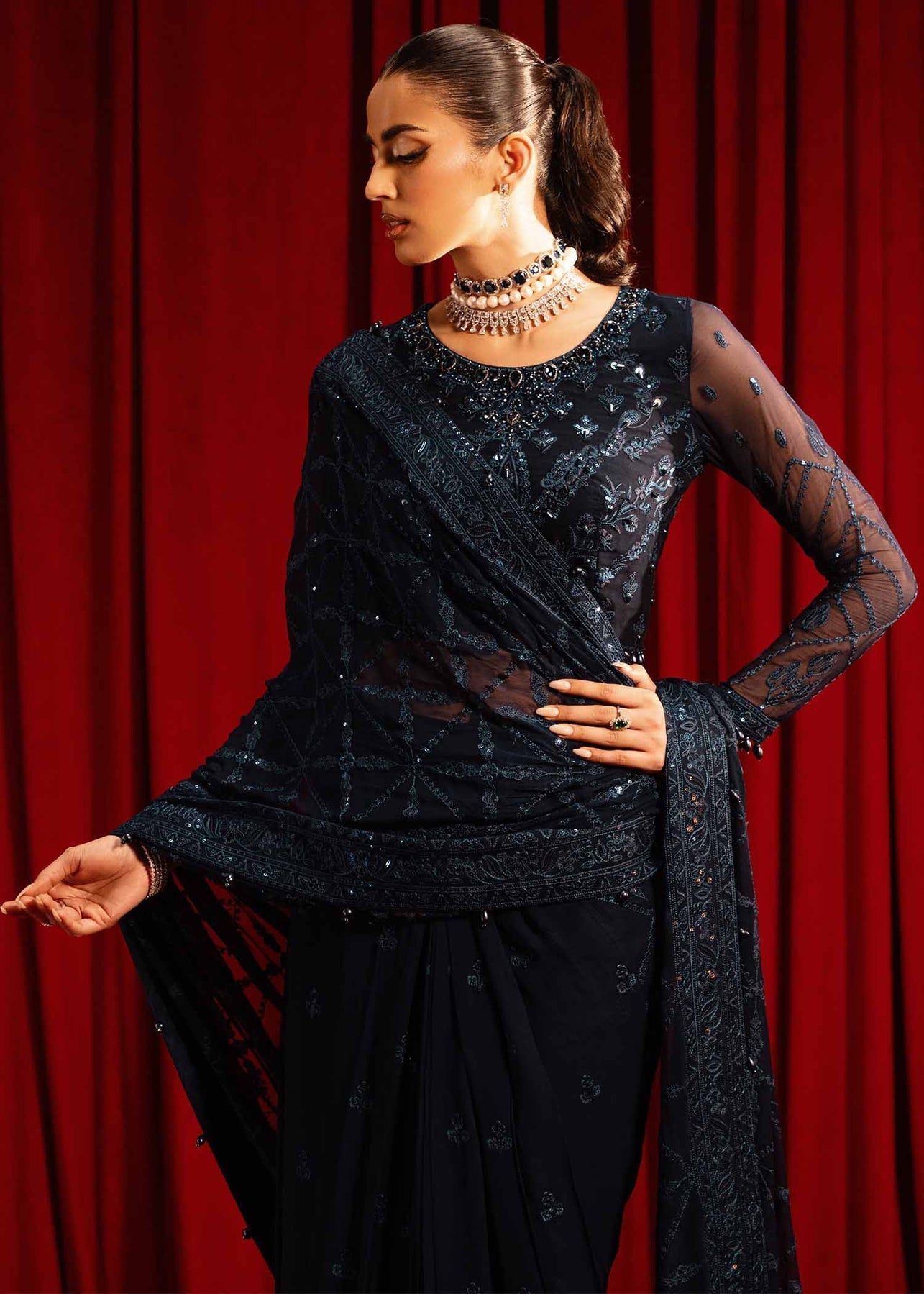 Paras by Pasha | Noor -e- Jahan Saree Collection | Neel-e-Noor - by - Libasekhas UK - Registered Vendor of : Paras by Pasha - 100% Original Designer Dresss