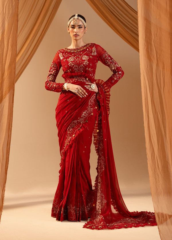 Paras by Pasha | Noor -e- Jahan Saree Collection | Laal-e-Jahan - by - Libasekhas UK - Registered Vendor of : Paras by Pasha - 100% Original Designer Dresss