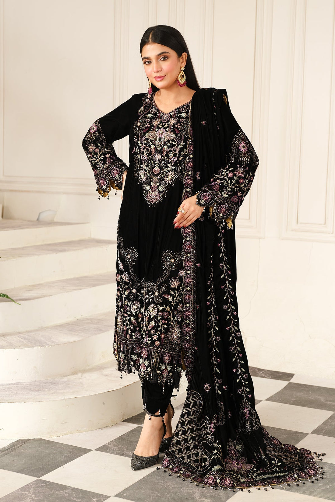 Raeesa Premium | Sheen Luxury Velvet | Noir - by - Libasekhas UK - Registered Vendor of : Raeesa Premium - 100% Original Designer Dresss