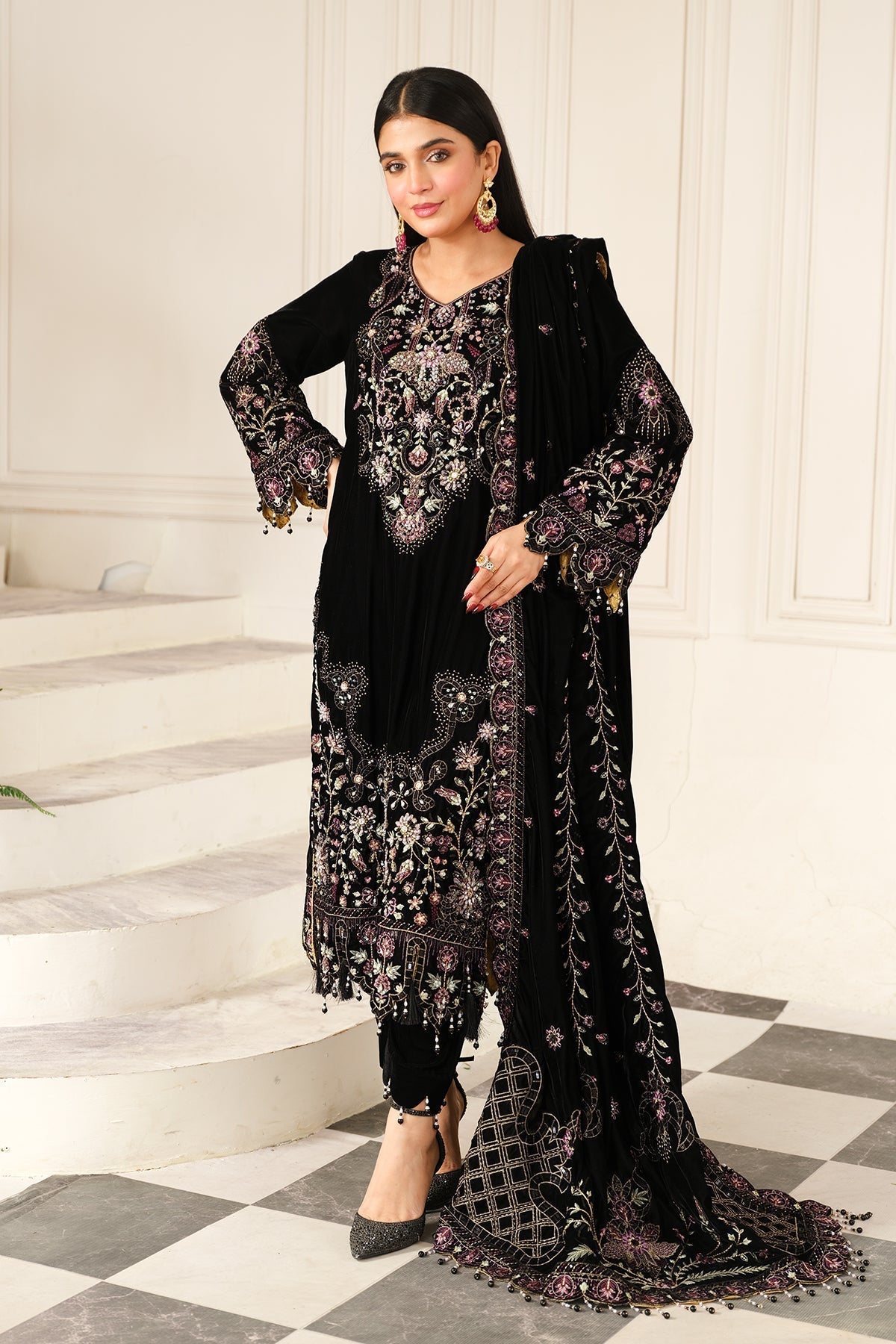 Raeesa Premium | Sheen Luxury Velvet | Noir - by - Libasekhas UK - Registered Vendor of : Raeesa Premium - 100% Original Designer Dresss