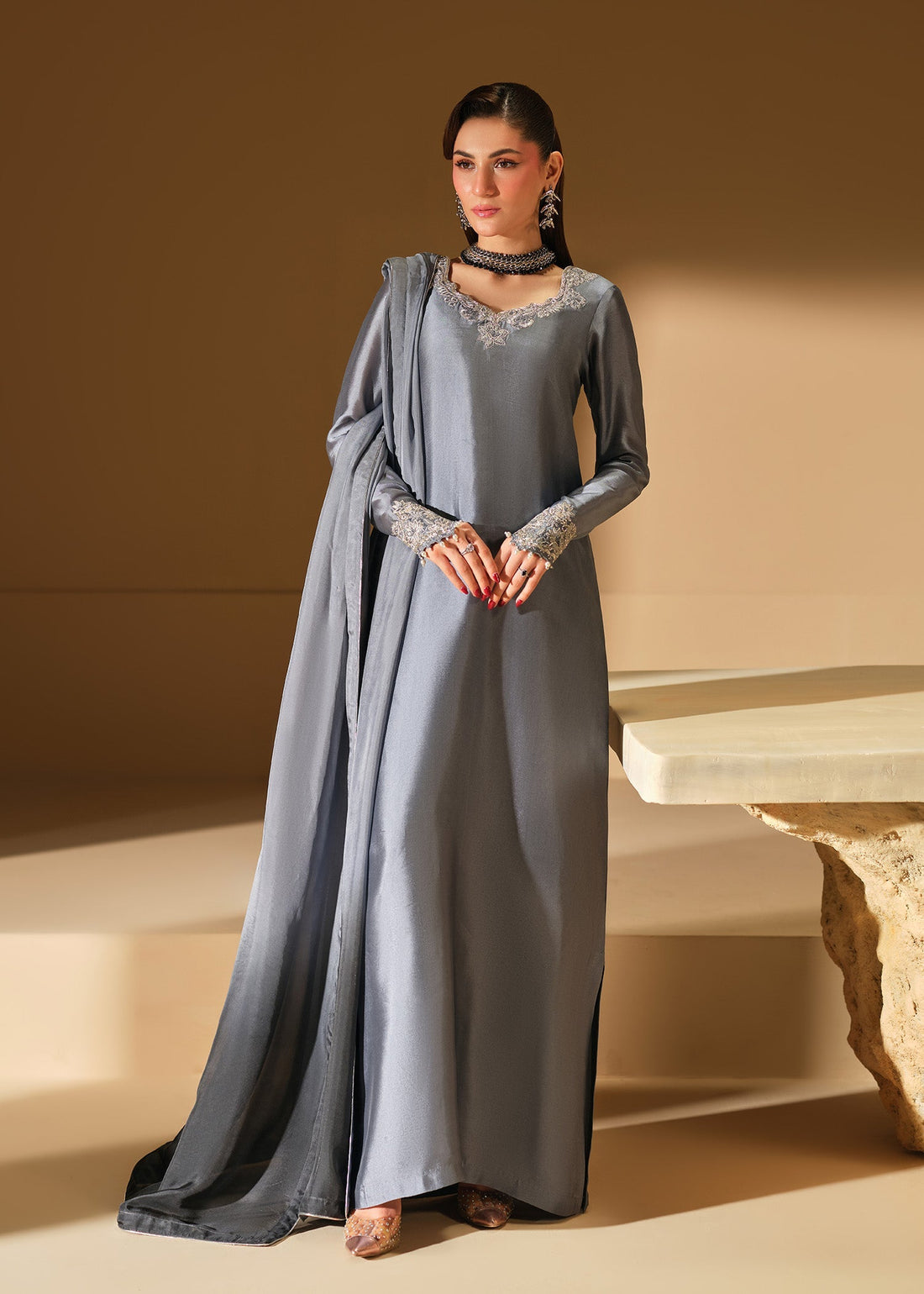 Mahum Asad | The Shadow Line | Slate - by Libasekhas UK - Registered Vendor of : Mahum Asad - 100% Original Designer Dress