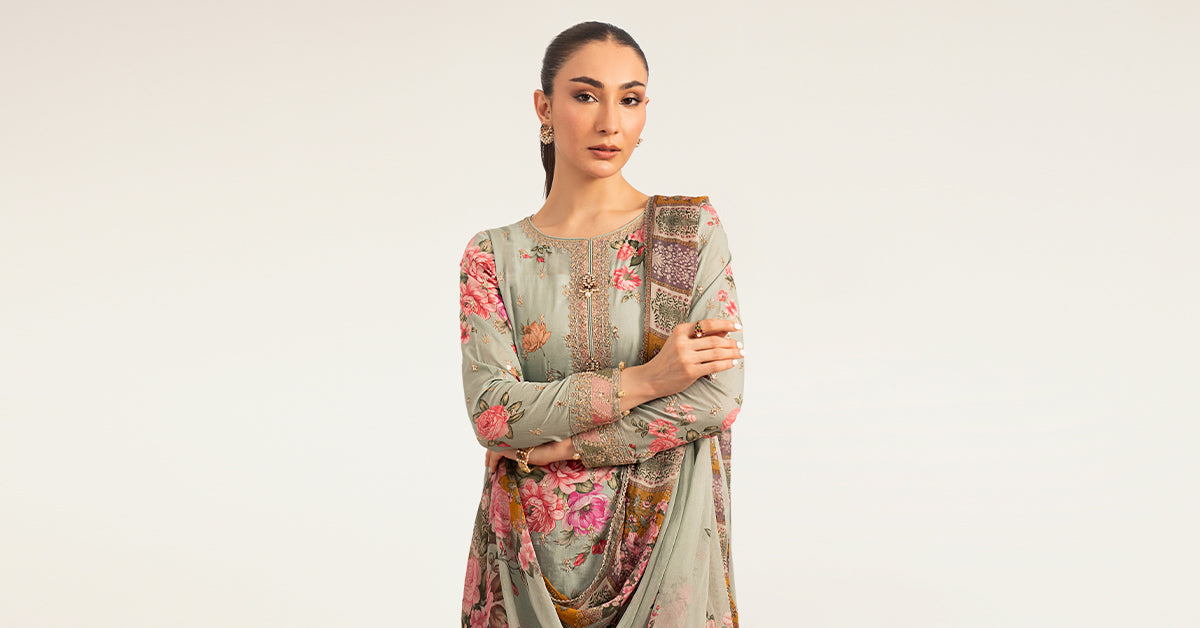 Maria B | Luxury Pret Pre Fall | DW-PF26-10-Green - by Libasekhas UK - Registered Vendor of : Maria B - 100% Original Designer Dress
