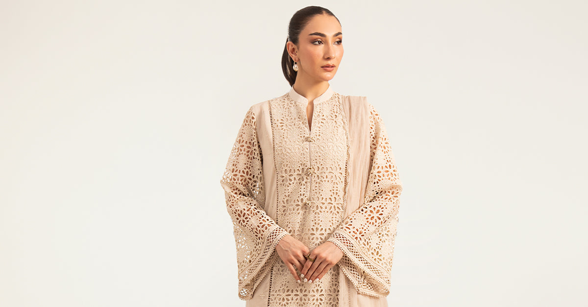 Maria B | Luxury Pret Pre Fall | DW-PF26-18-BEIGE - by Libasekhas UK - Registered Vendor of : Maria B - 100% Original Designer Dress