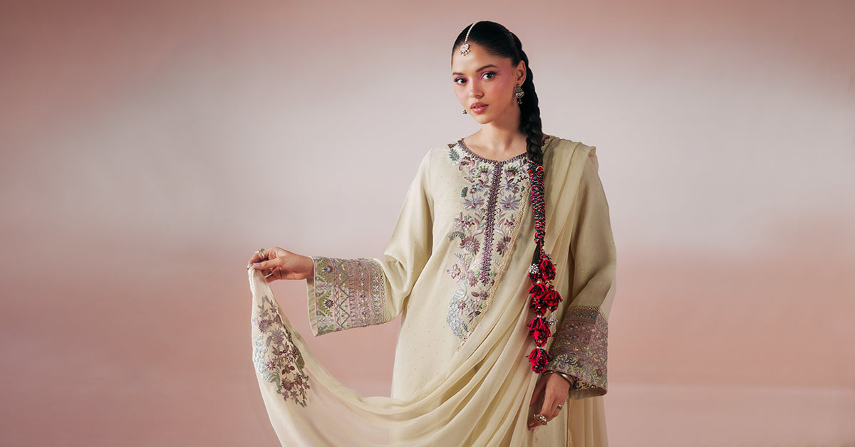 Maria B | Luxury Pret Pre Fall | DW-PF26-19-BEIGE - by Libasekhas UK - Registered Vendor of : Maria B - 100% Original Designer Dress