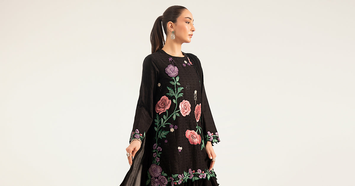 Maria B | Luxury Pret Pre Fall | DW-PF26-20-Black - by Libasekhas UK - Registered Vendor of : Maria B - 100% Original Designer Dress