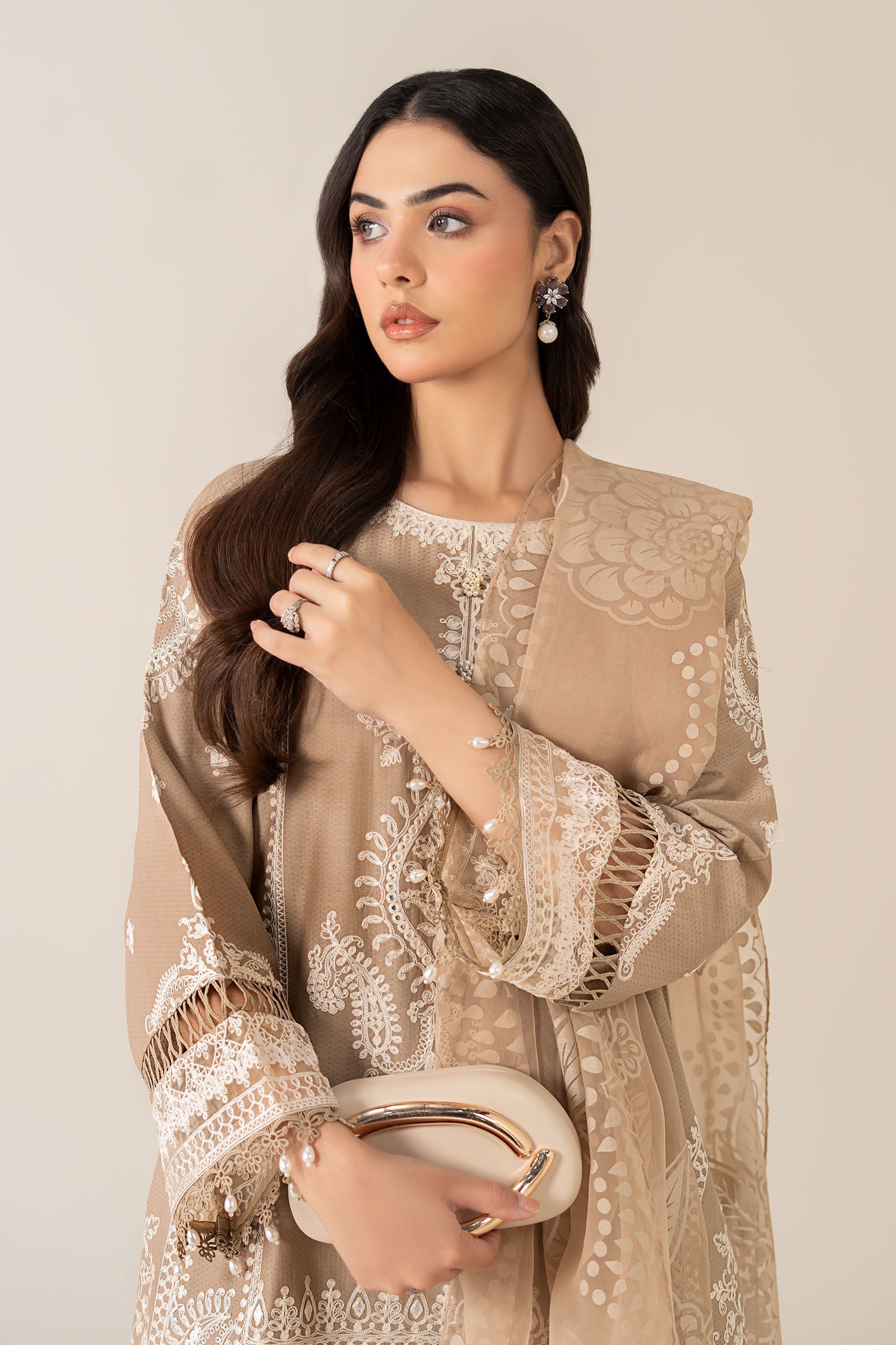 Maria B | Pre Fall Dresses | 3 Piece Embroidered Suit Coffee - by Libasekhas UK - Registered Vendor of : Maria B - 100% Original Designer Dress