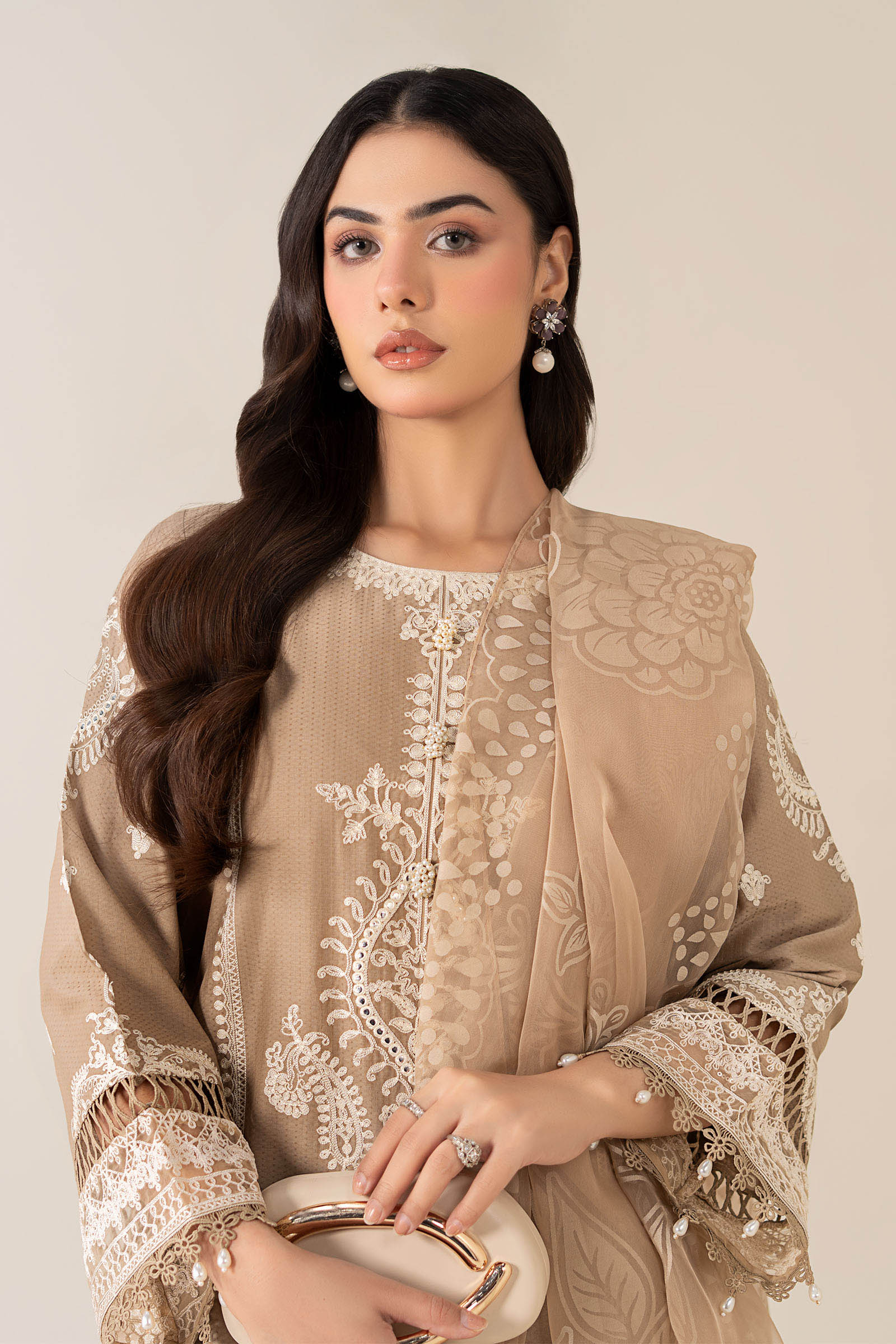 Maria B | Pre Fall Dresses | 3 Piece Embroidered Suit Coffee - by Libasekhas UK - Registered Vendor of : Maria B - 100% Original Designer Dress