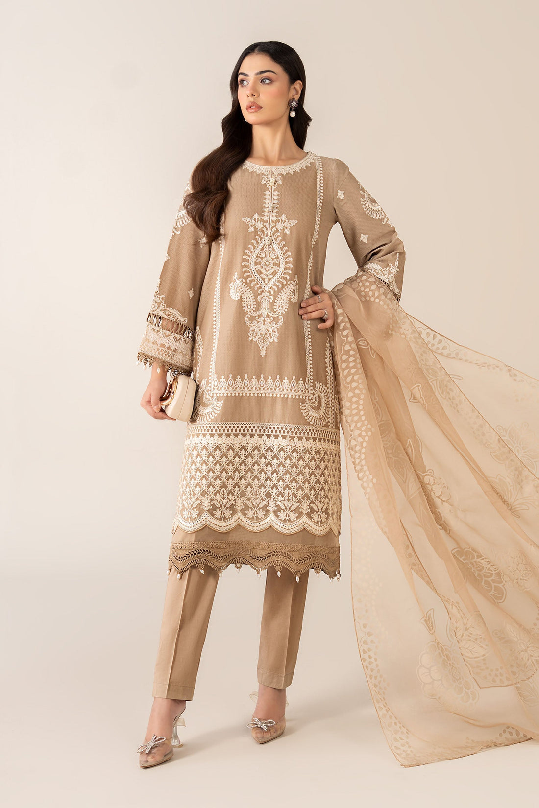 Maria B | Pre Fall Dresses | 3 Piece Embroidered Suit Coffee - by Libasekhas UK - Registered Vendor of : Maria B - 100% Original Designer Dress