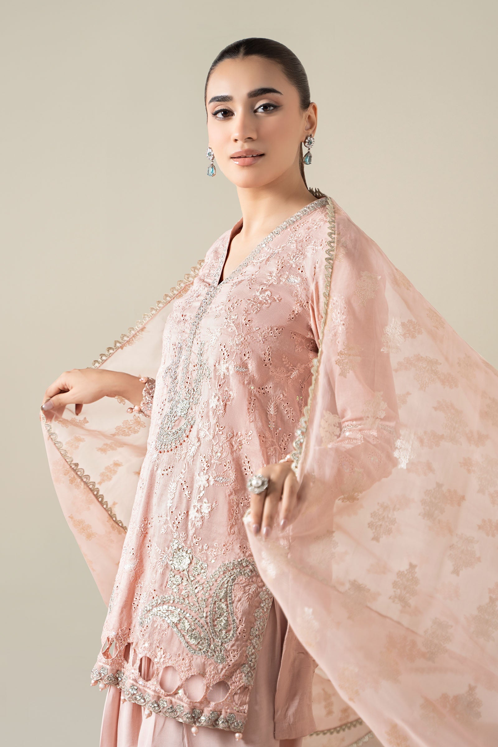 Maria B | Pre Fall Dresses | 3 Piece Embroidered Paper Cotton Suit Pink - by Libasekhas UK - Registered Vendor of : Maria B - 100% Original Designer Dress