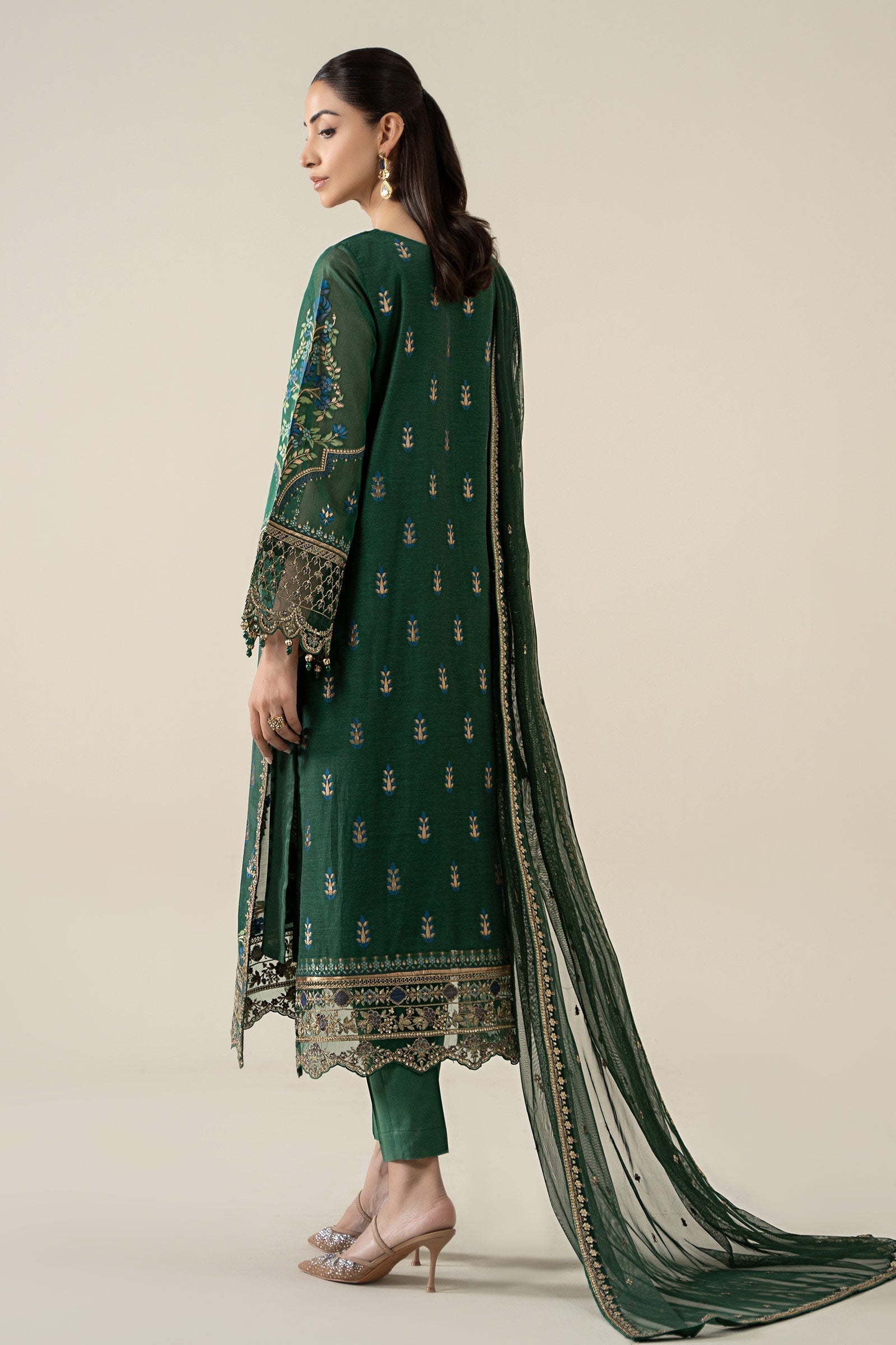 Maria B | Pre Fall Dresses | 3 Piece Embroidered Jacquard Suit Dark Teal Green - by Libasekhas UK - Registered Vendor of : Maria B - 100% Original Designer Dress