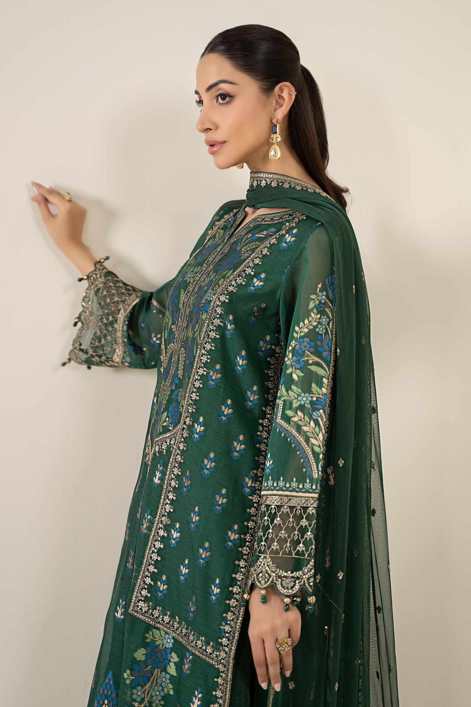 Maria B | Pre Fall Dresses | 3 Piece Embroidered Jacquard Suit Dark Teal Green XS / Dark Teal Green / Jacquard