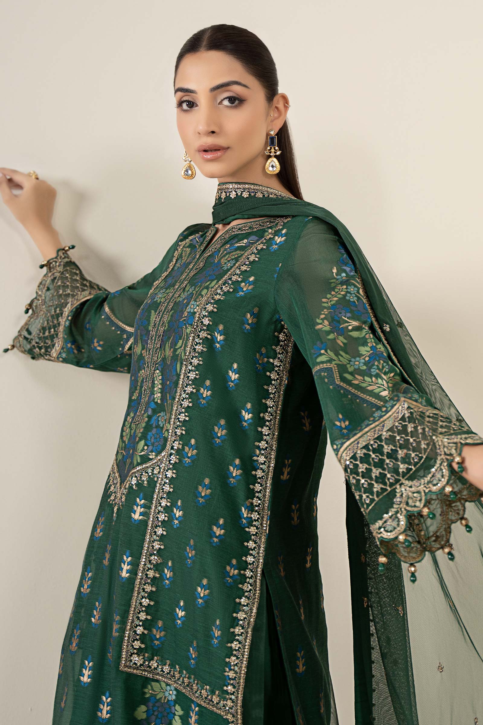 Maria B | Pre Fall Dresses | 3 Piece Embroidered Jacquard Suit Dark Teal Green - by Libasekhas UK - Registered Vendor of : Maria B - 100% Original Designer Dress