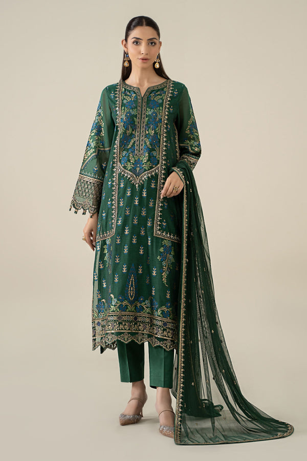Maria B | Pre Fall Dresses | 3 Piece Embroidered Jacquard Suit Dark Teal Green - by Libasekhas UK - Registered Vendor of : Maria B - 100% Original Designer Dress
