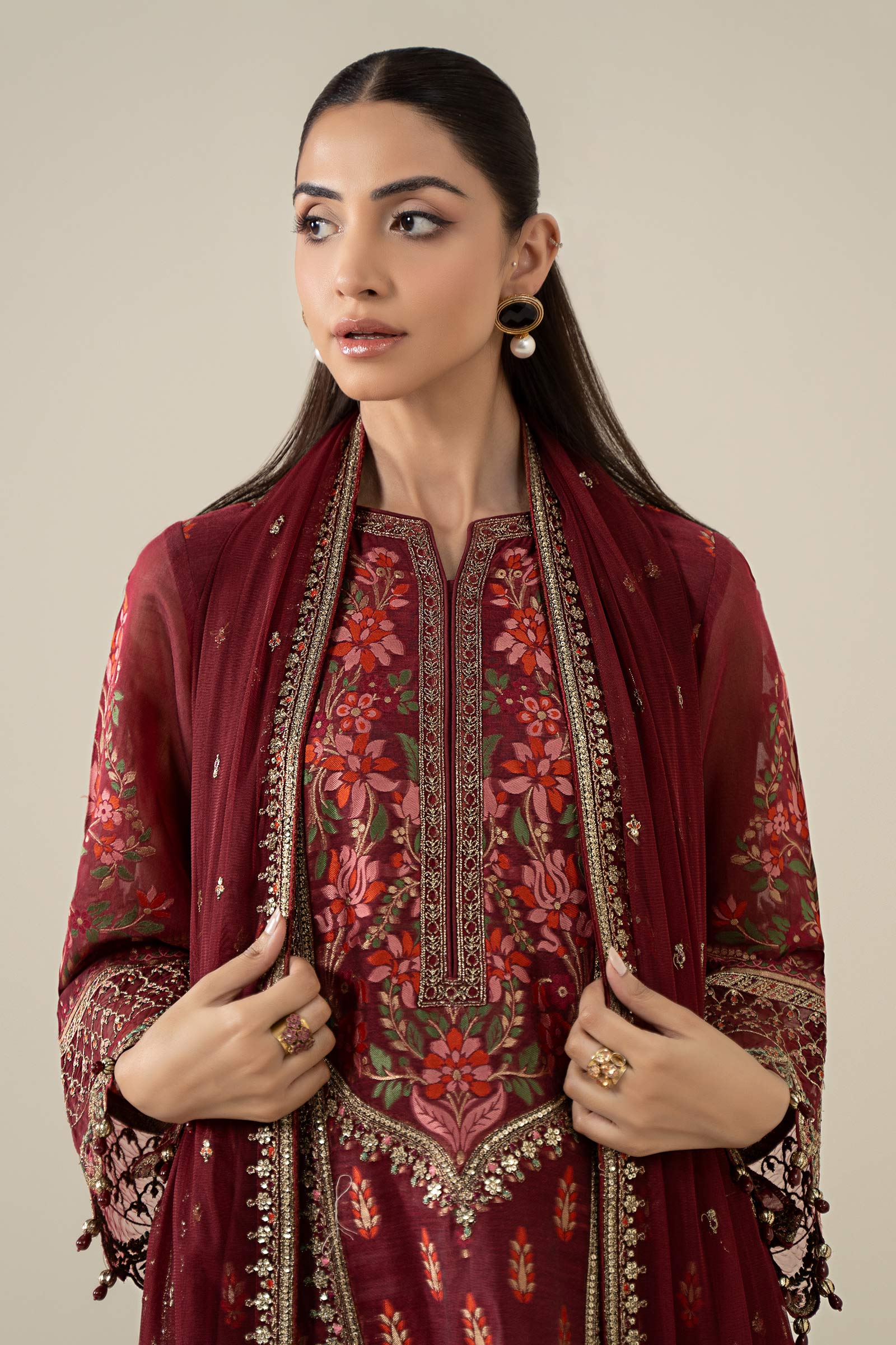 Maria B | Pre Fall Dresses | 3 Piece Embroidered Jacquard Suit Red - by Libasekhas UK - Registered Vendor of : Maria B - 100% Original Designer Dress