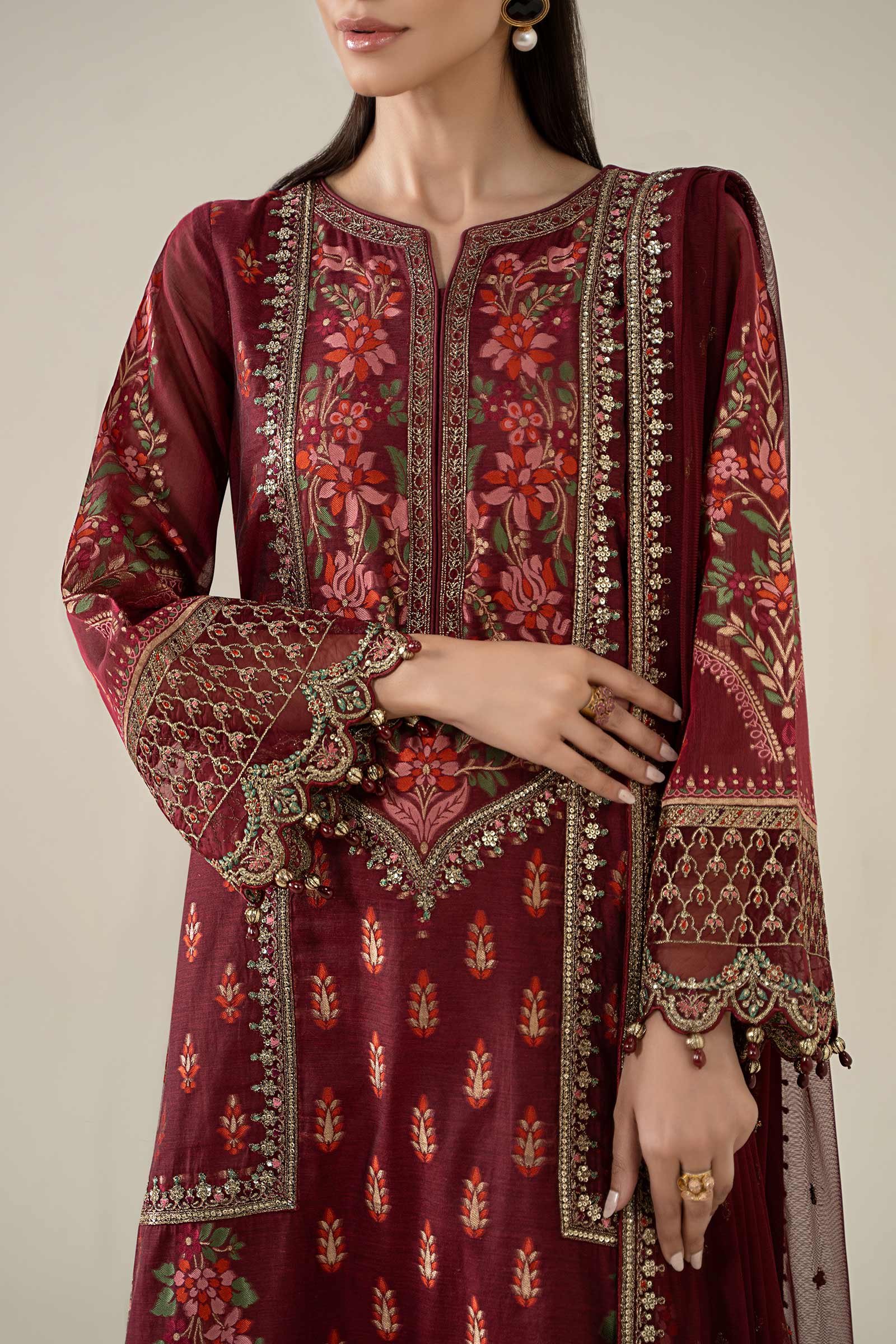 Maria B | Pre Fall Dresses | 3 Piece Embroidered Jacquard Suit Red - by Libasekhas UK - Registered Vendor of : Maria B - 100% Original Designer Dress