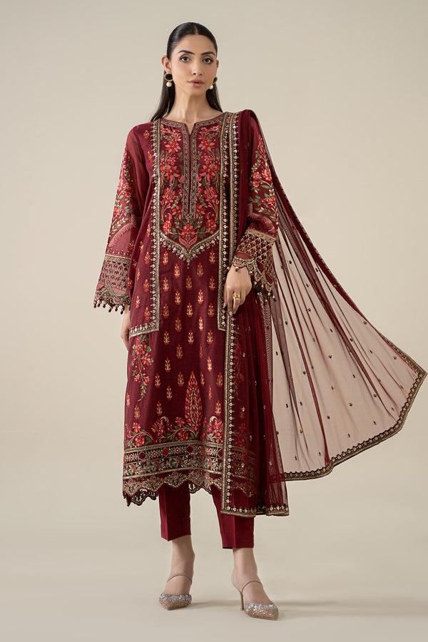 Maria B | Pre Fall Dresses | 3 Piece Embroidered Jacquard Suit Red - by Libasekhas UK - Registered Vendor of : Maria B - 100% Original Designer Dress
