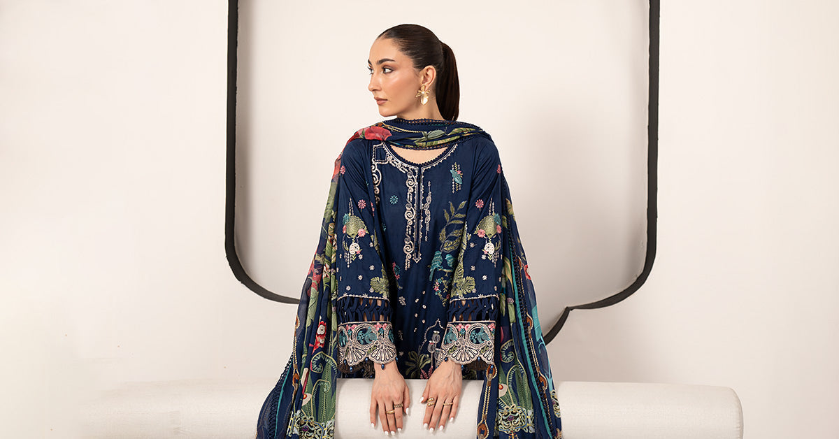 Maria B | Luxury Pret Pre Fall | DW-EA26-11-Blue - by Libasekhas UK - Registered Vendor of : Maria B - 100% Original Designer Dress