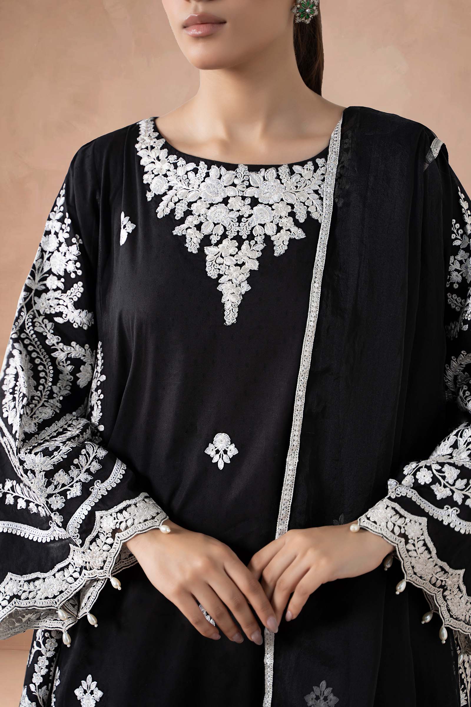 Maria B | Pre Fall Dresses | 3 Piece Embroidered Self Jacquard Suit Black - by Libasekhas UK - Registered Vendor of : Maria B - 100% Original Designer Dress