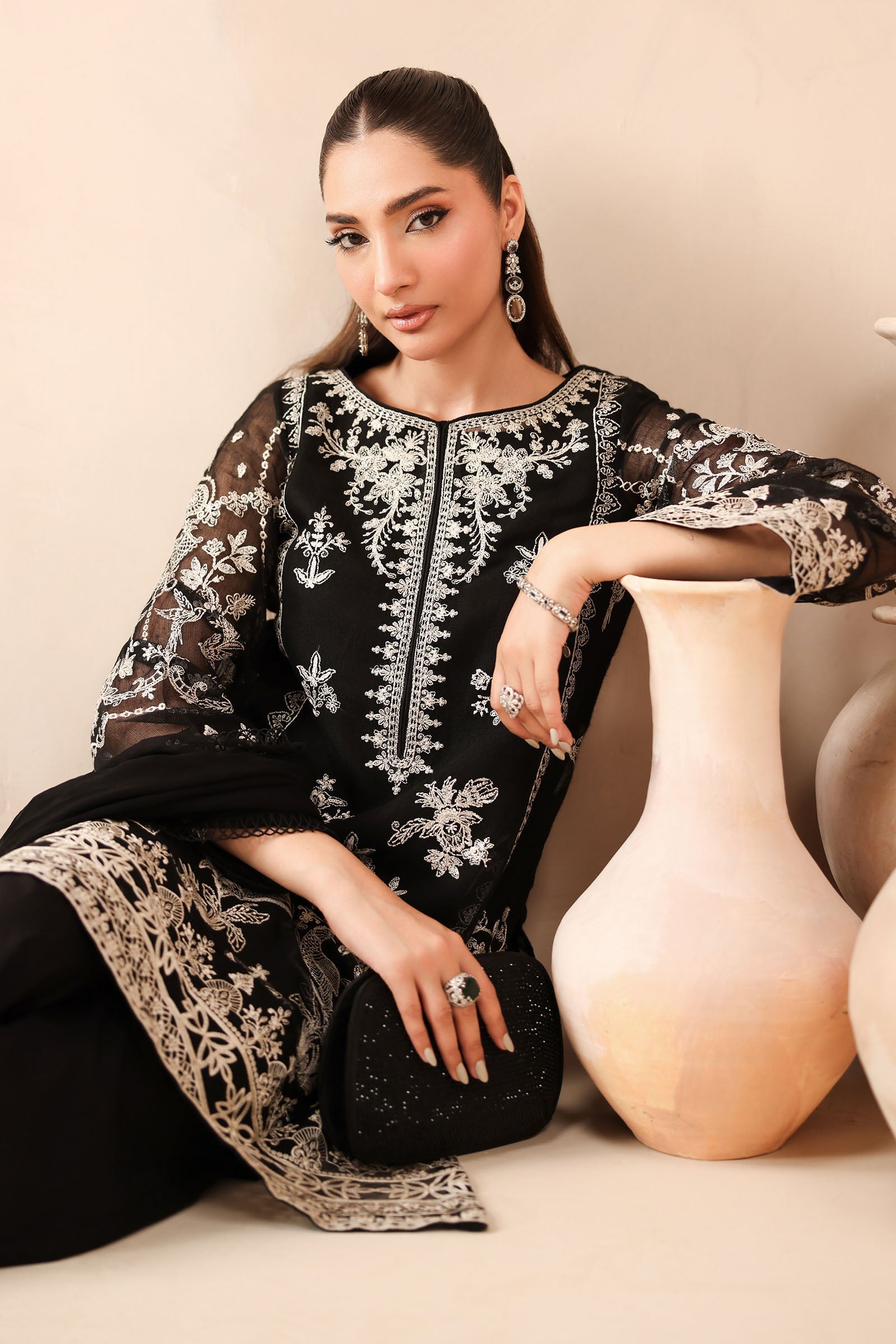Maria B | Pre Fall Dresses | 3 Piece Embroidered Cotton Net Suit Black - by Libasekhas UK - Registered Vendor of : Maria B - 100% Original Designer Dress